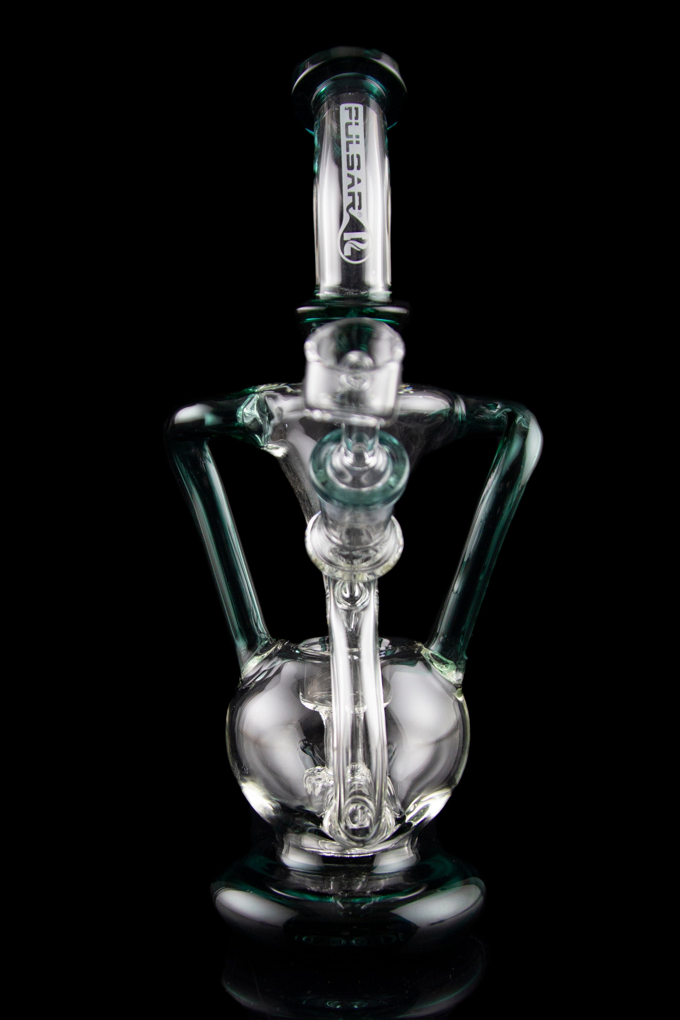 Green glass water pipe (rig) with bubbler and intricate design, isolated on a black background.