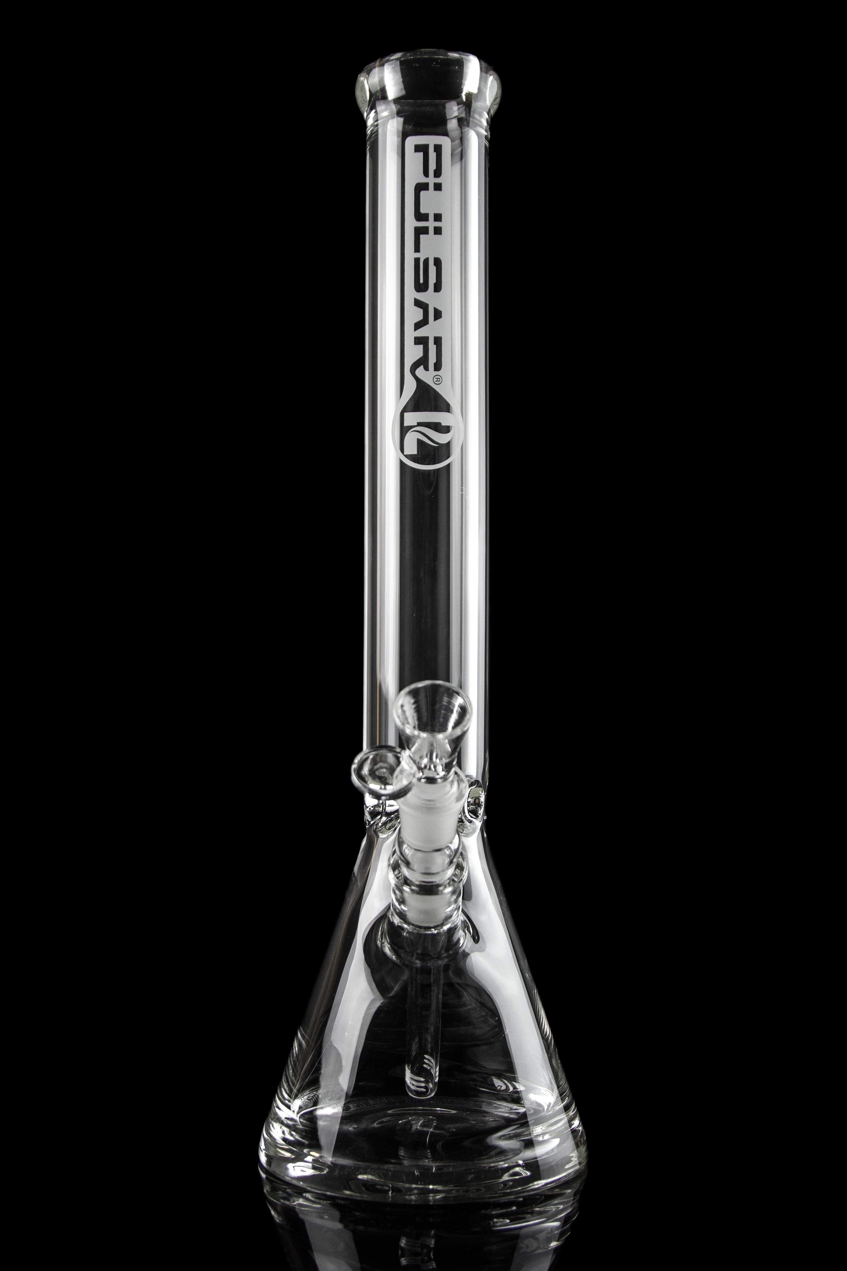 Clear glass water pipe (bong) with ice catch and branded with “Rollsafe” logo, isolated on black.