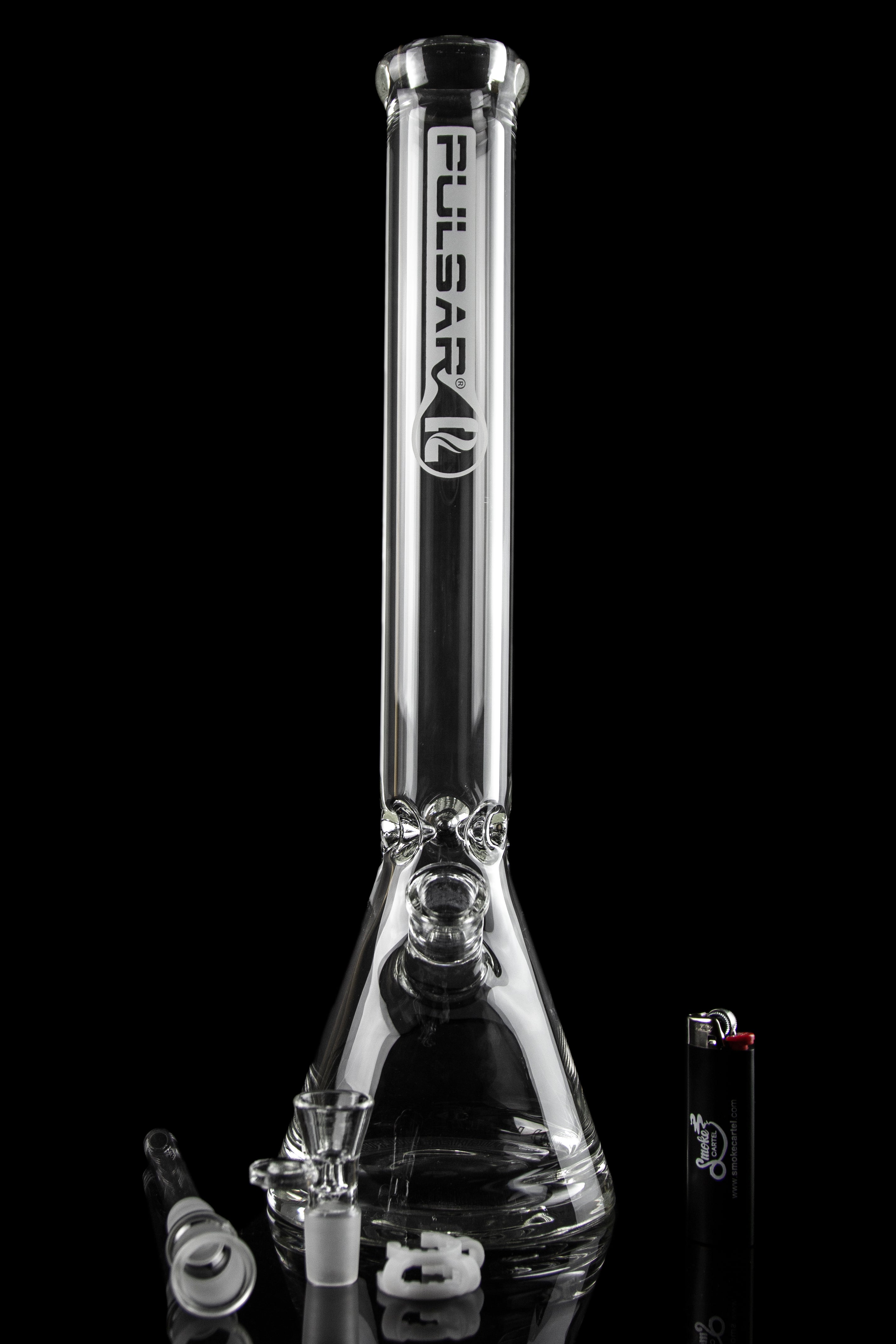 Clear glass water pipe (bong) with the “Pulsar” logo, displayed against a black background.