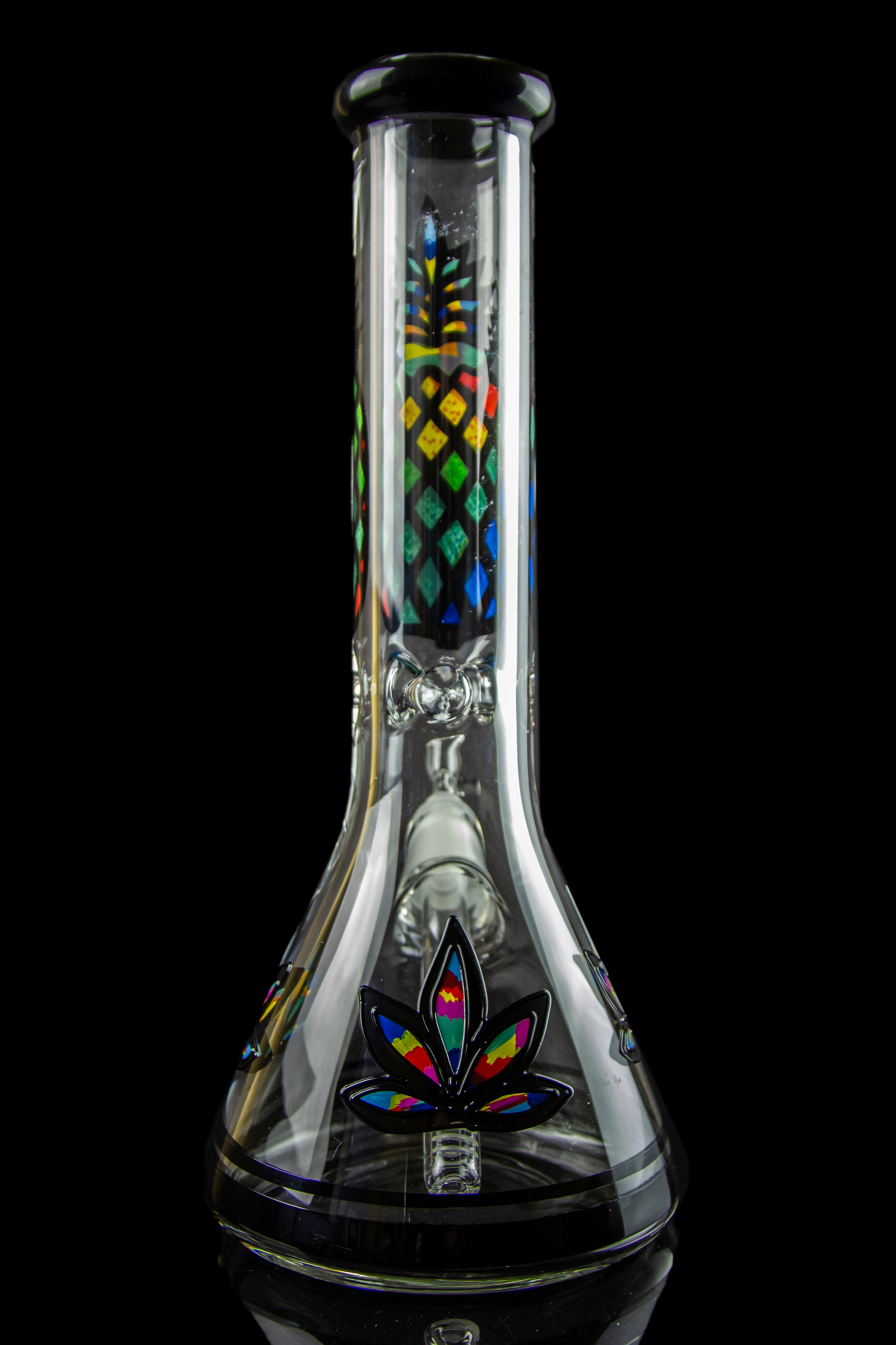 Glass water pipe (bong) with colorful floral design against a black background.