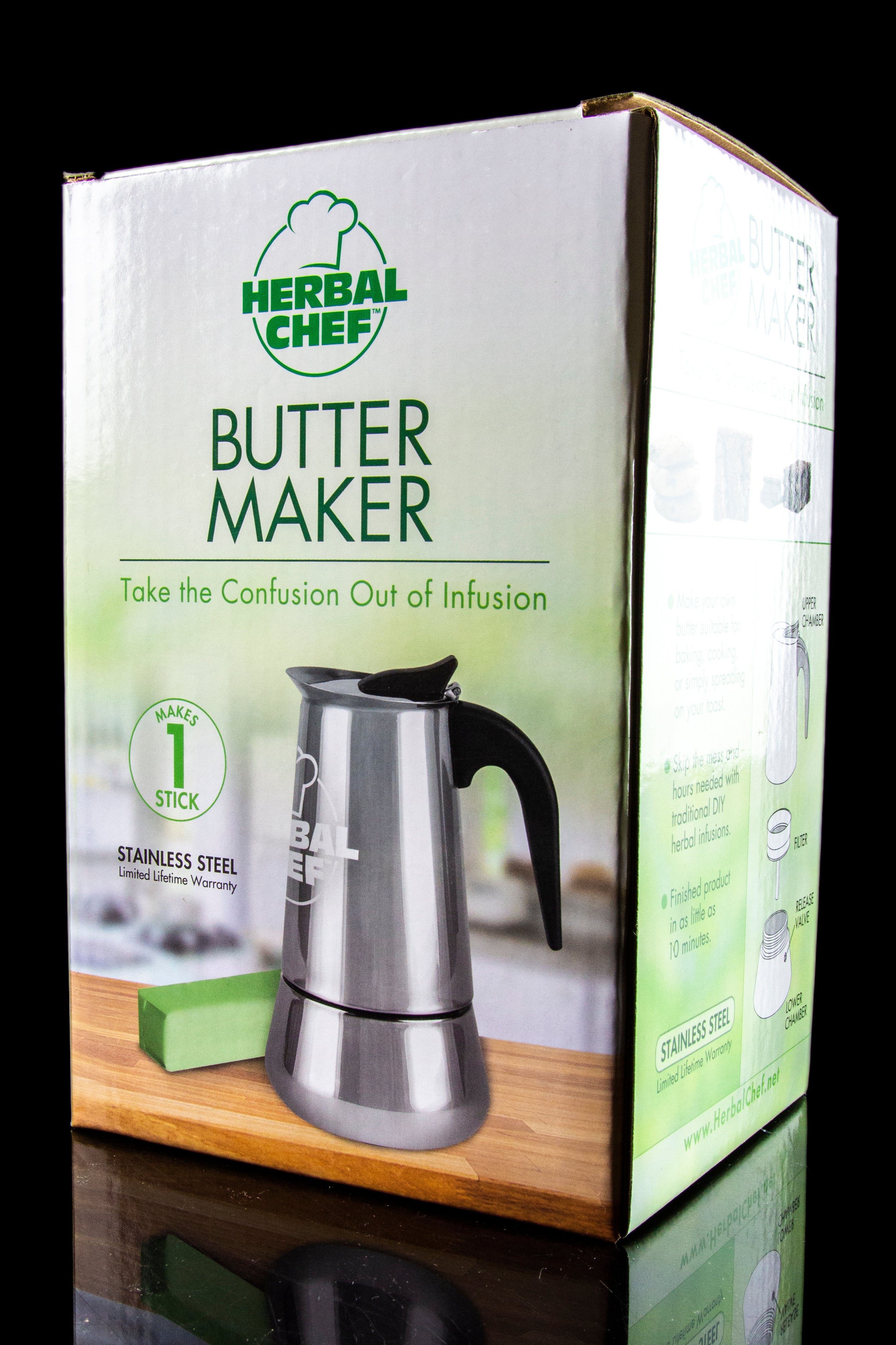 Product packaging for Herbal Chef Butter Maker, a stainless steel device for infusing cannabis into butter, displayed against a dark background.