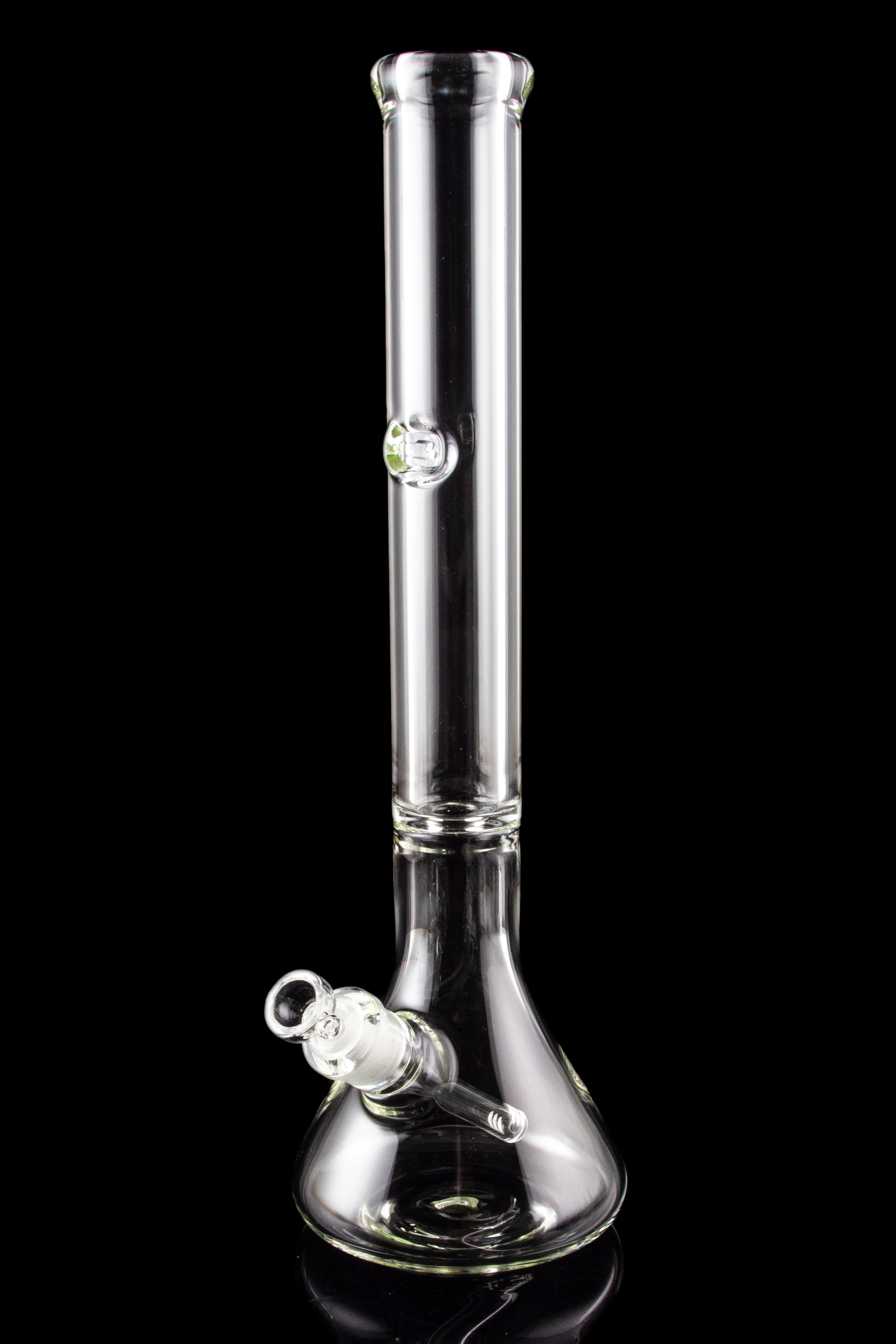 Clear glass bong with ice catch and diffuser downstem, isolated on black.