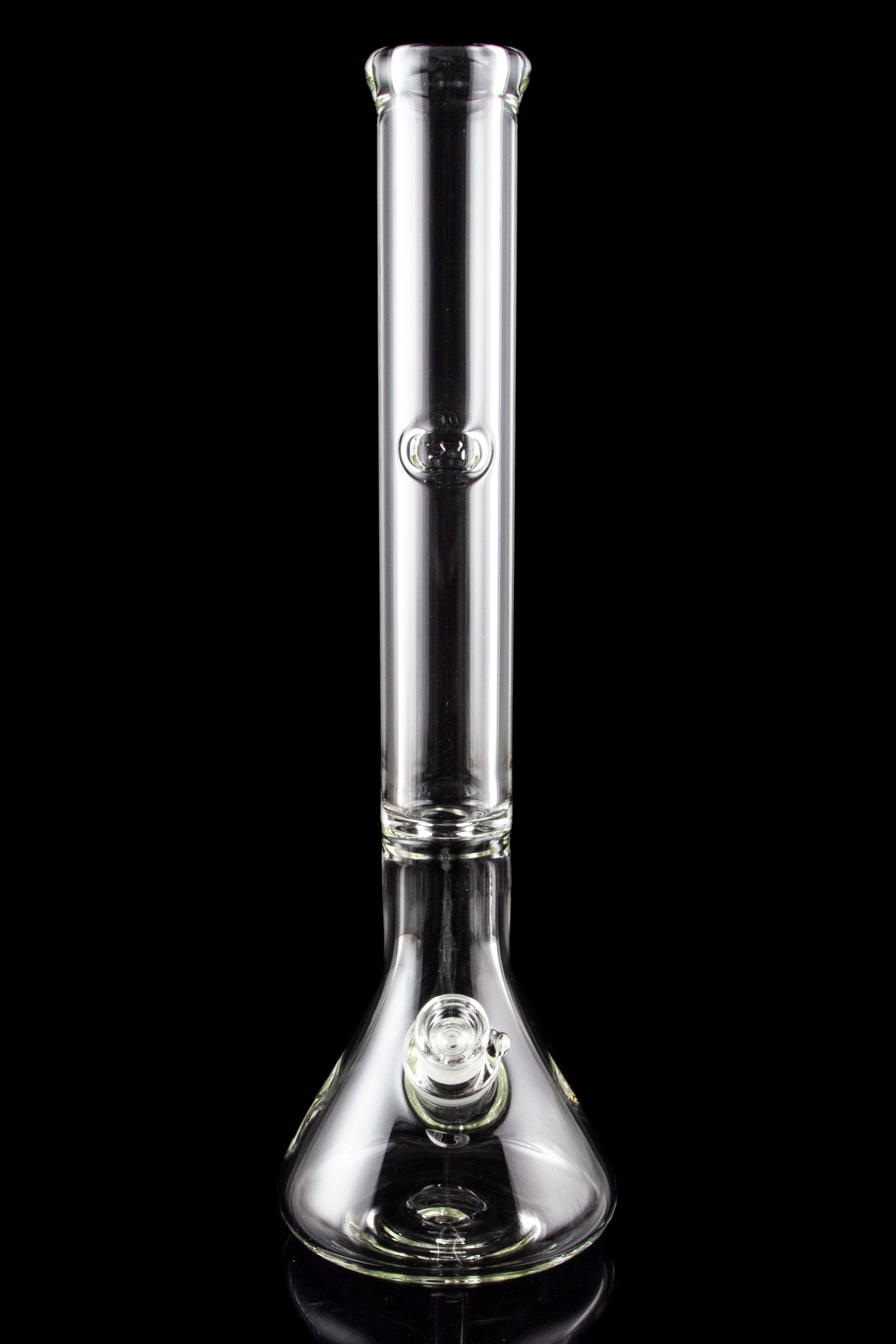 Clear glass bong with ice catcher and flared base, isolated on black.