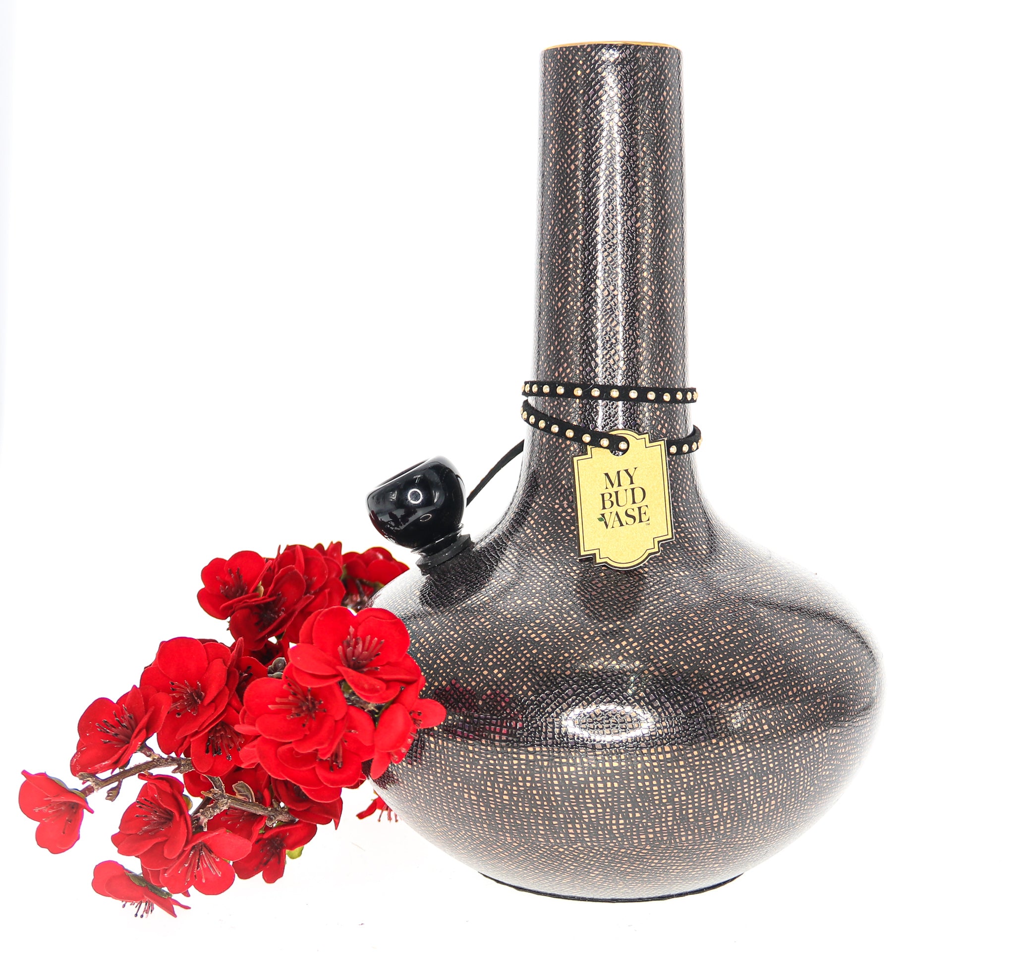 Front view of the “My Bud Vase “Burmese”” ornate water pipe, adorned with red flowers against a plain white background.