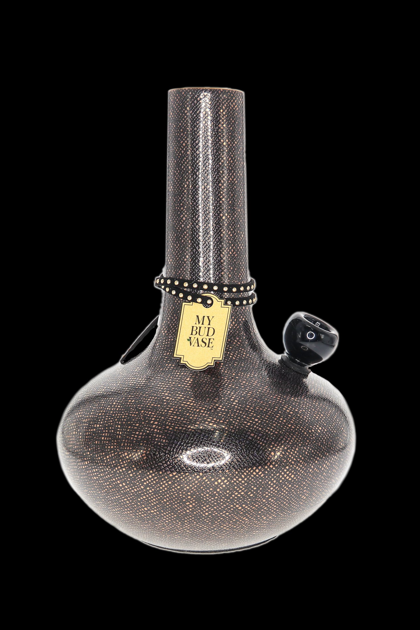 Black textured glass water pipe with a label reading “My Bud Vase” and a clear glass mouthpiece.