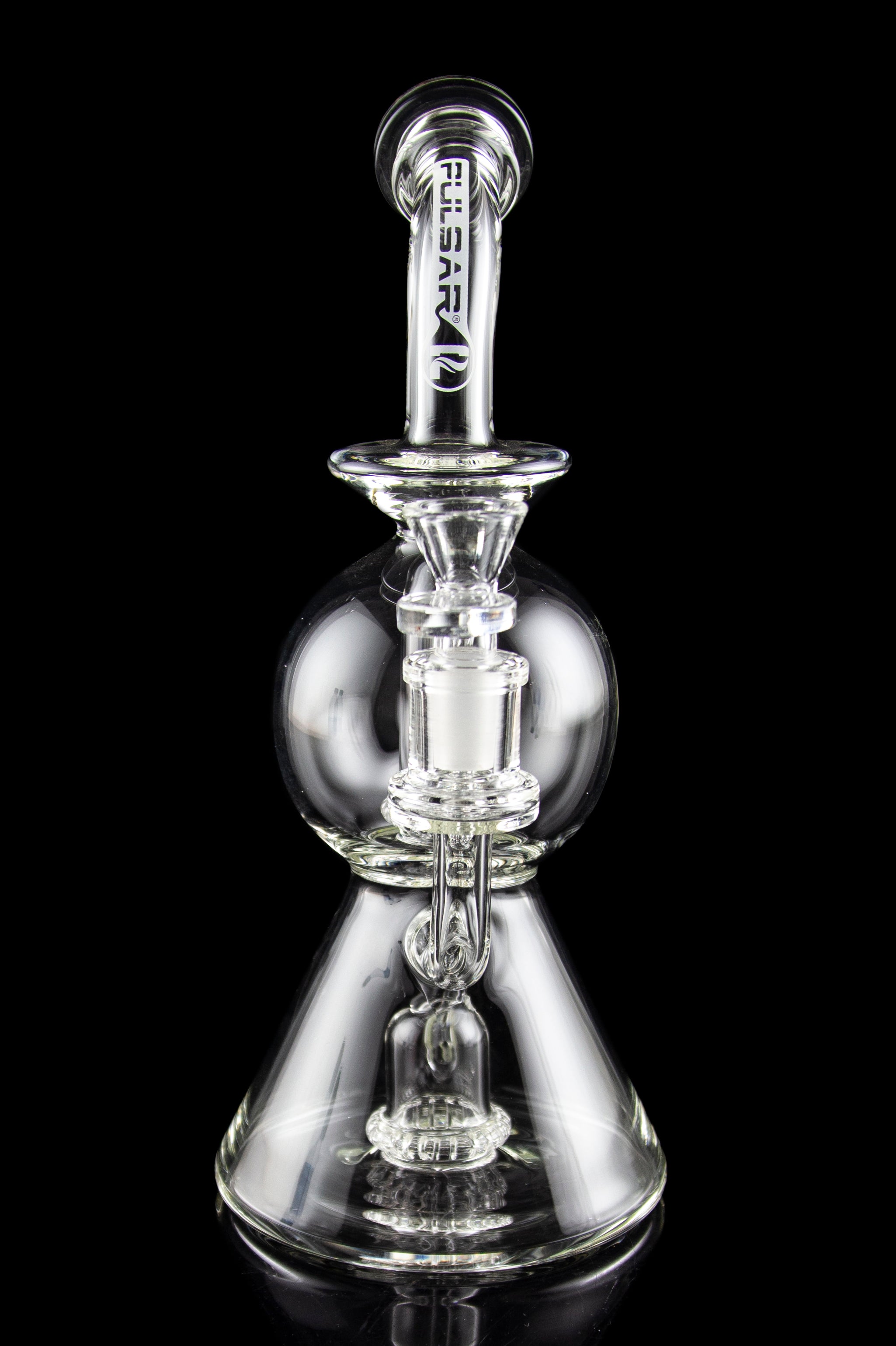 Clear glass water pipe (rig) with intricate perc filtration, branded "Pulsar" on the mouthpiece.