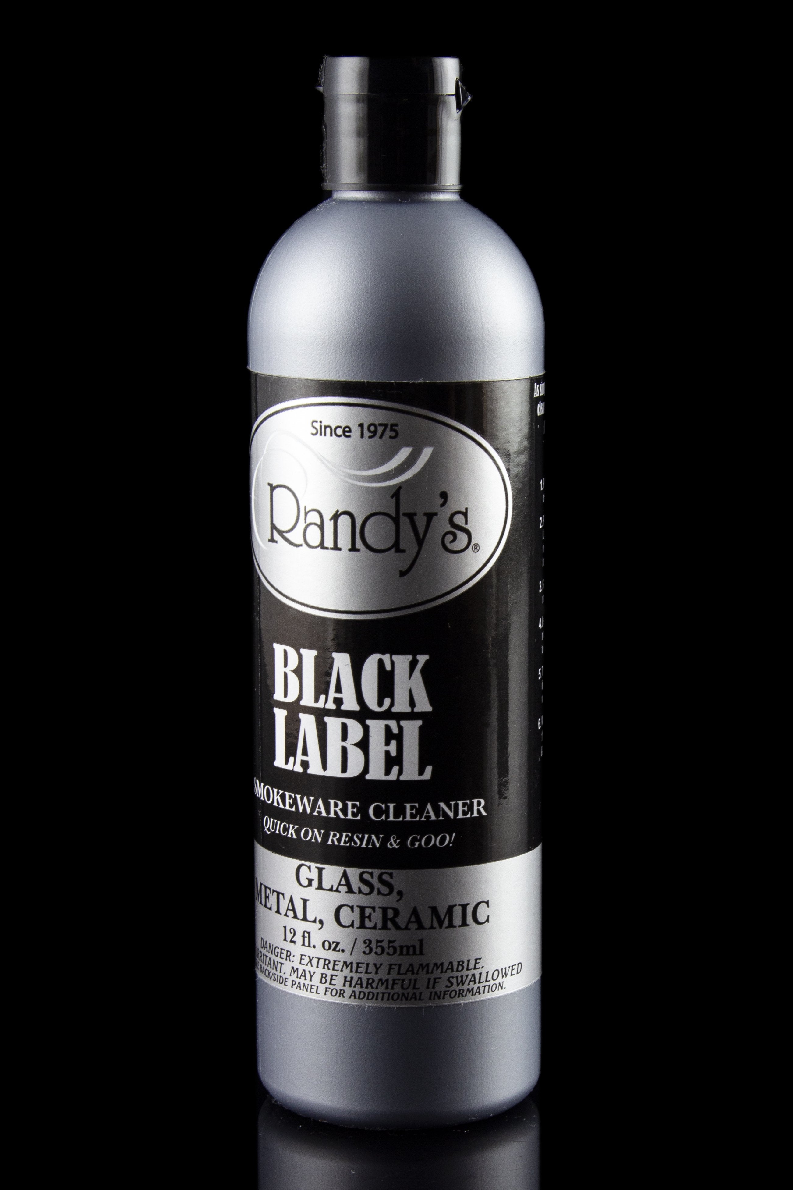 A spray bottle of Randy's Black Label smoke ware cleaner for glass, ceramic, and metal.