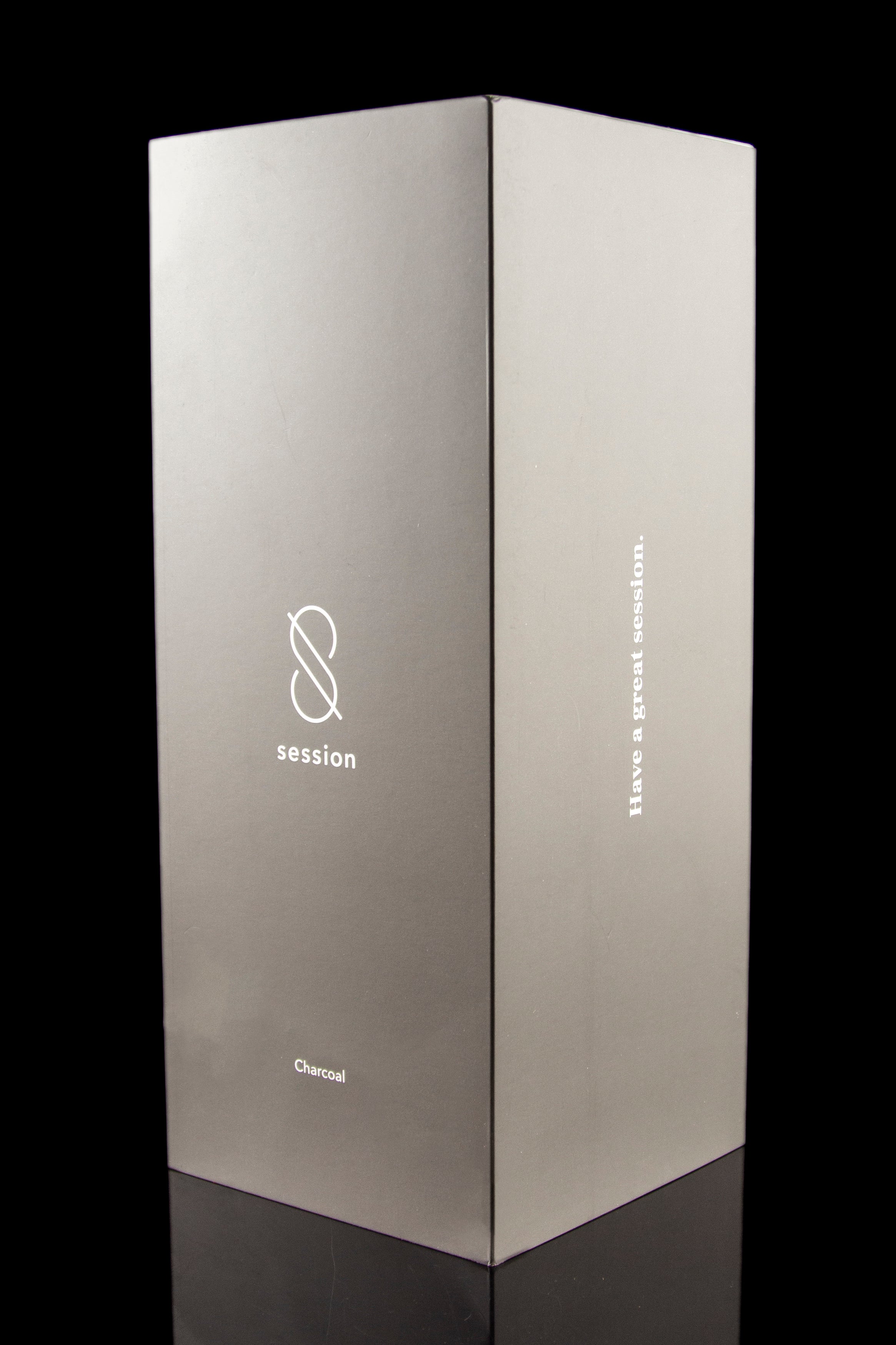 Sleek, dark gray packaging for “Session” cannabis accessory, with minimal branding and the phrase "Have a great session."