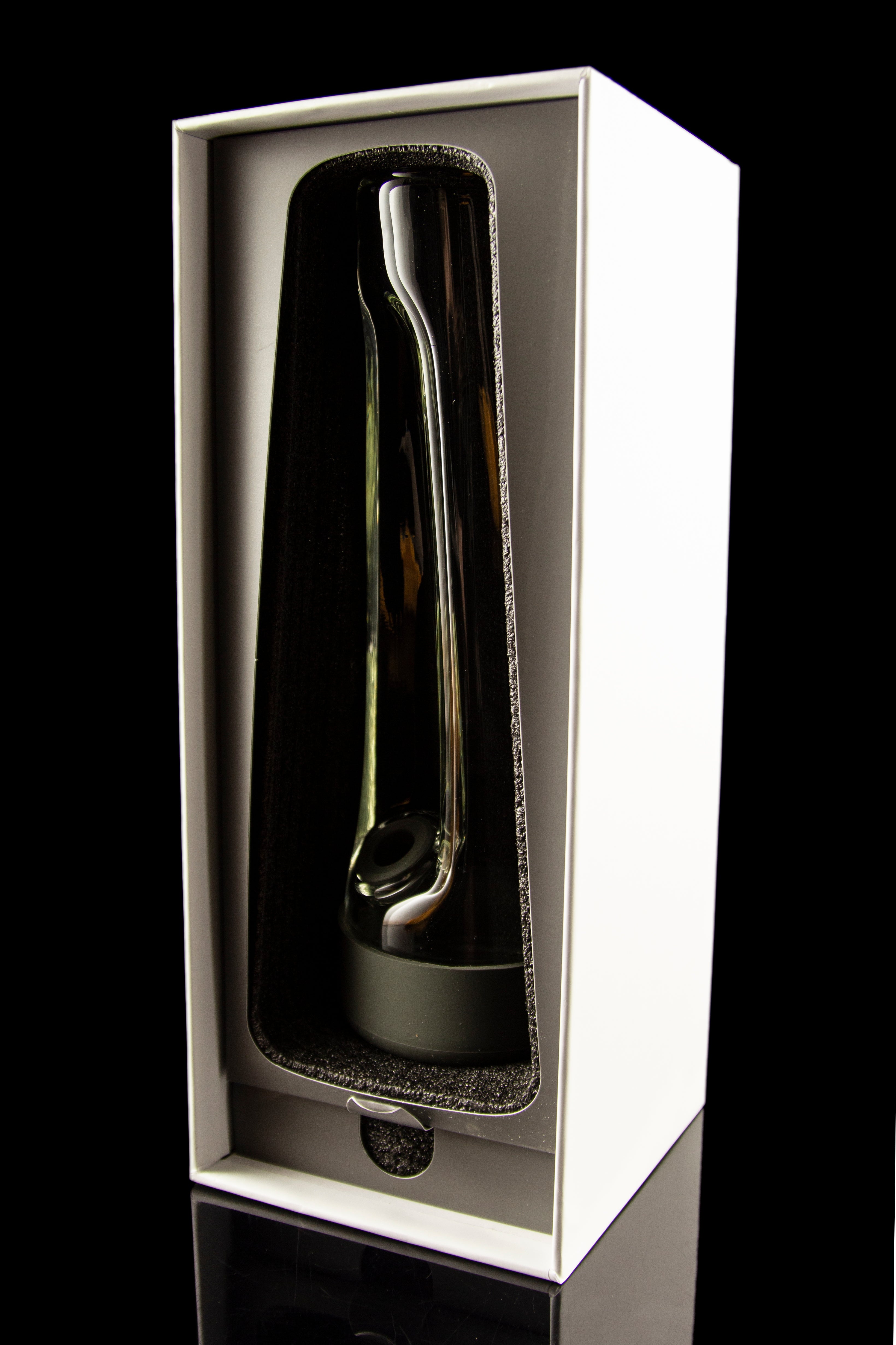 Elegant glass cannabis water pipe displayed in a white presentation box.