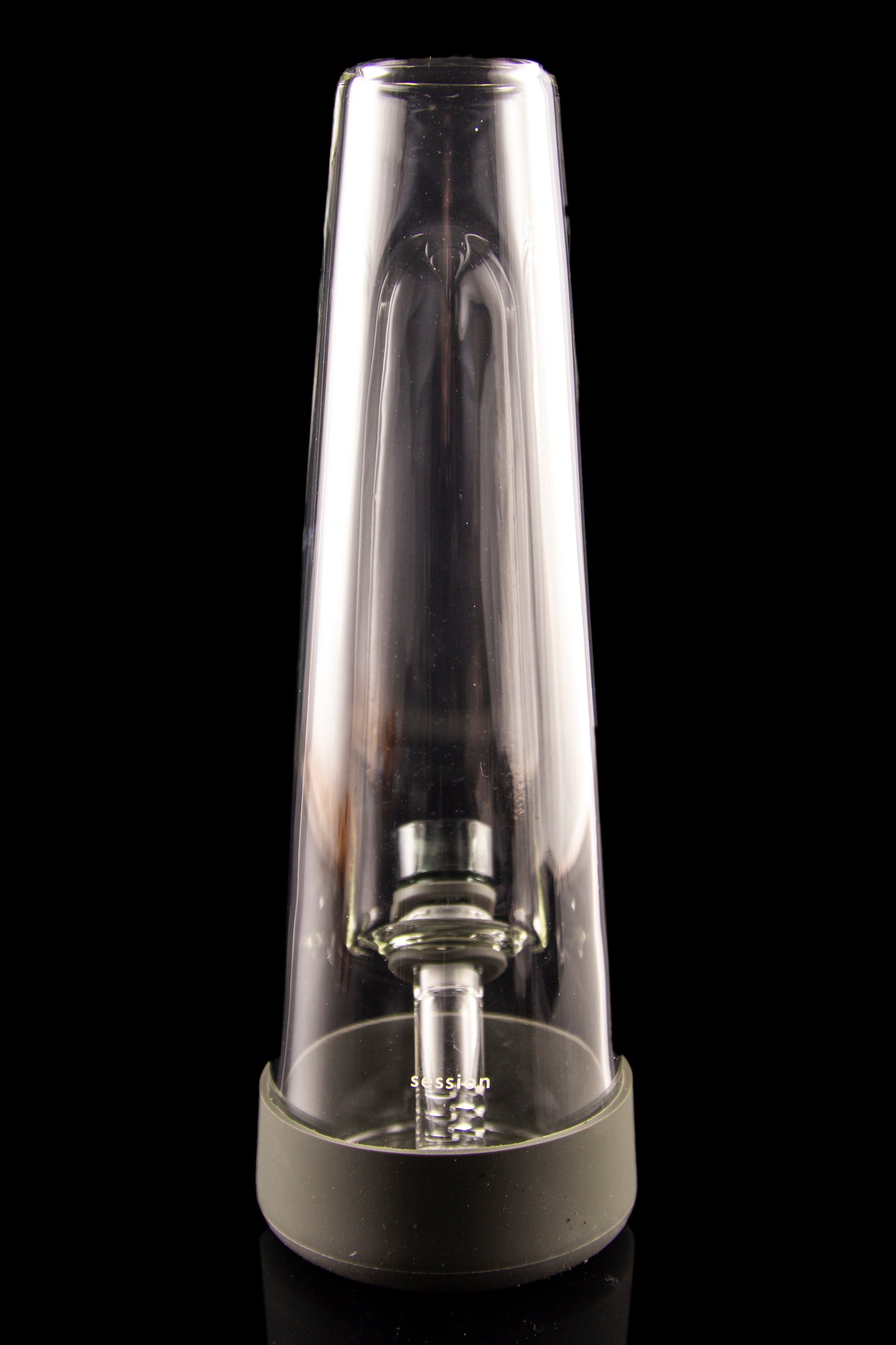 Clear glass electronic dab rig with a black base, studio shot.
