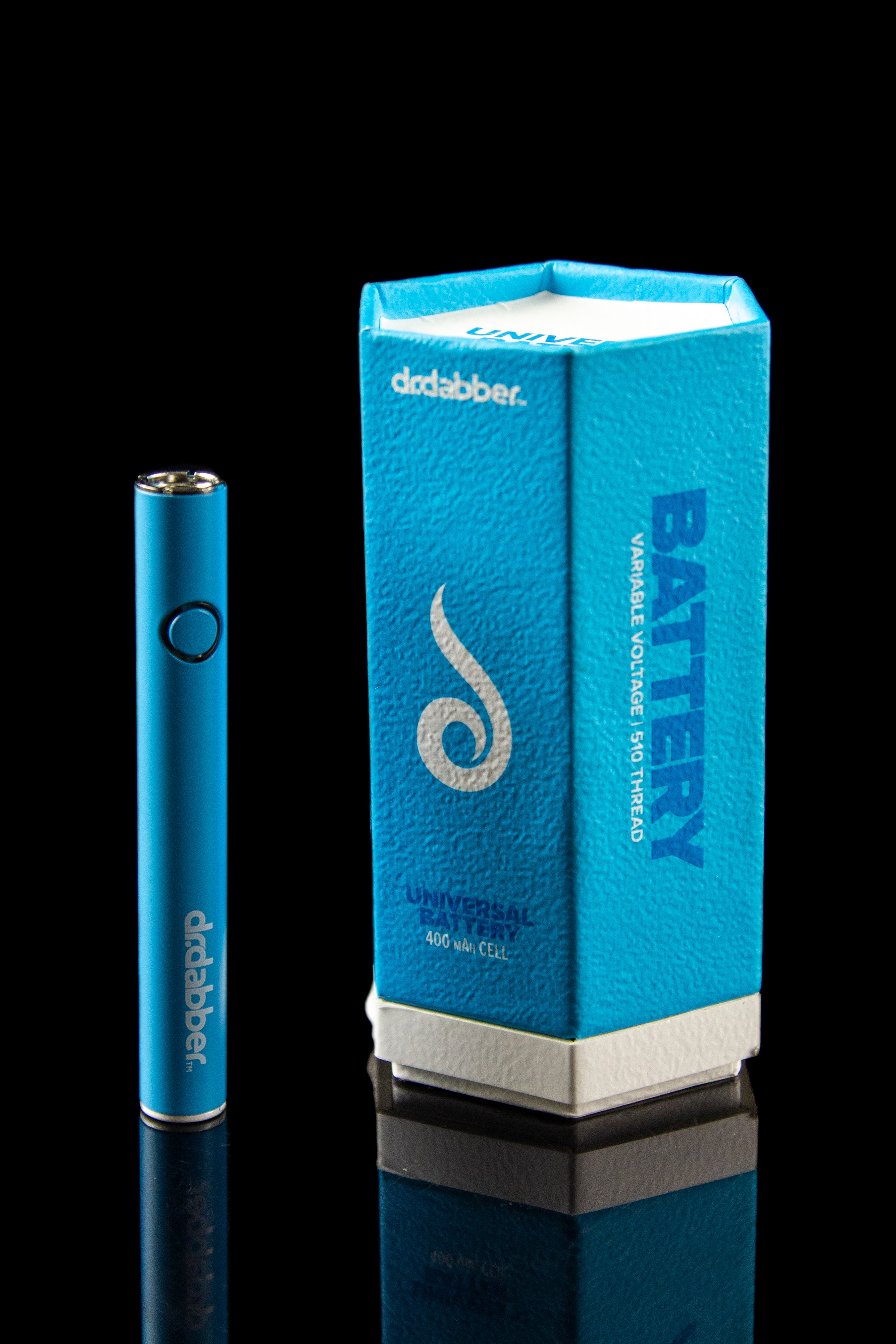 Blue Dabber battery and packaging against a black background.