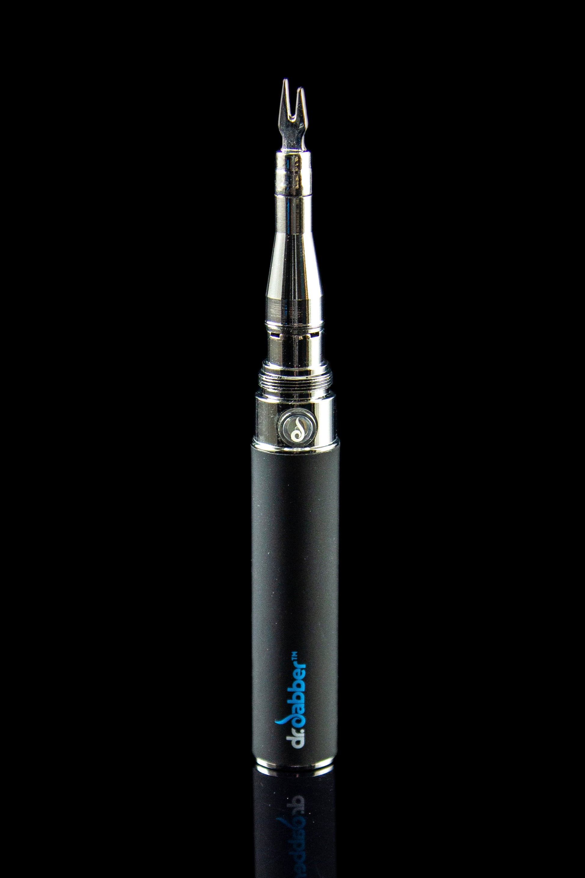 A close-up studio shot of the Dr. Dabber Budder Cutter, showcasing its metallic finish and sleek, pen-like design.