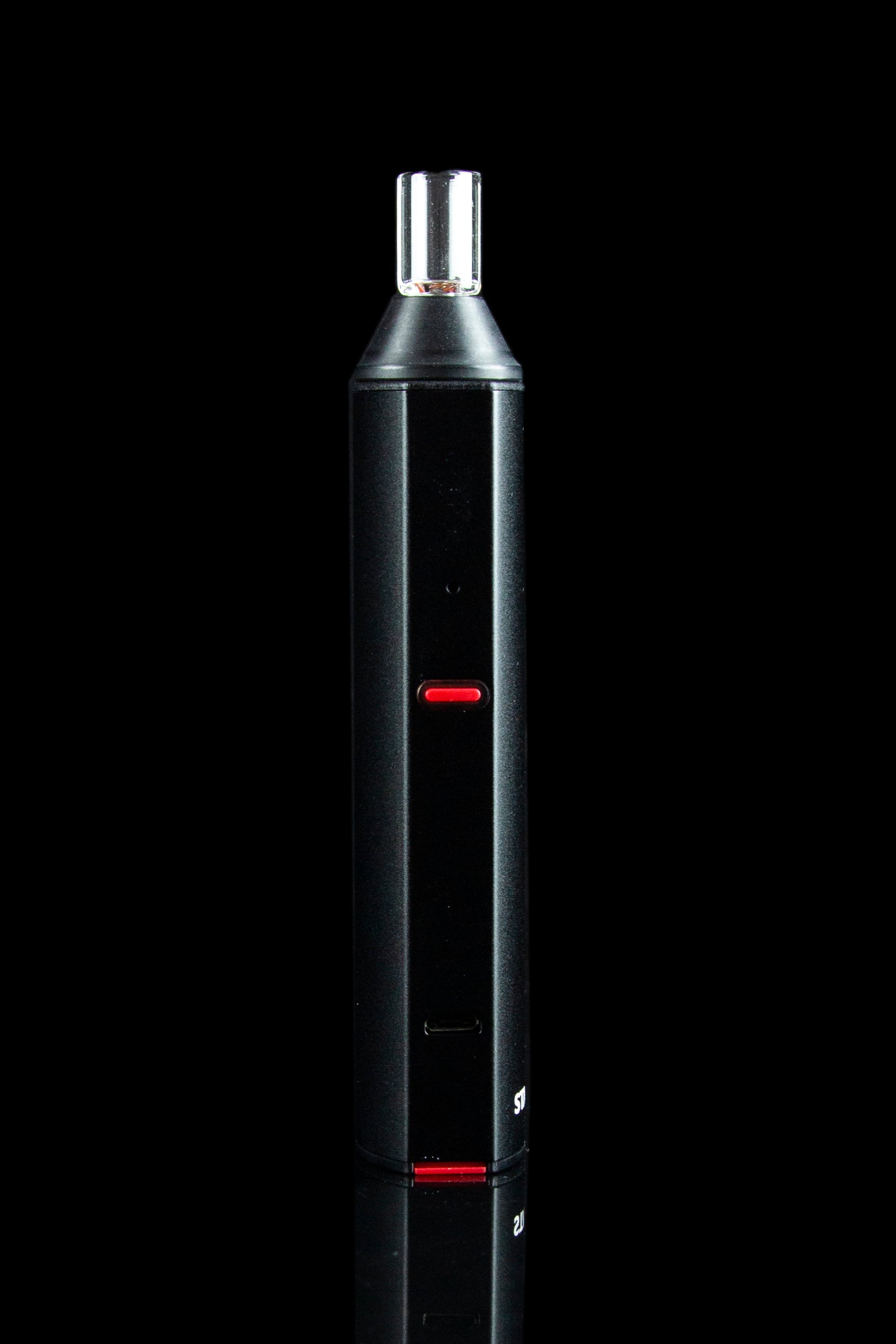 Black cannabis vaporizer pen with red indicator lights against a dark background.