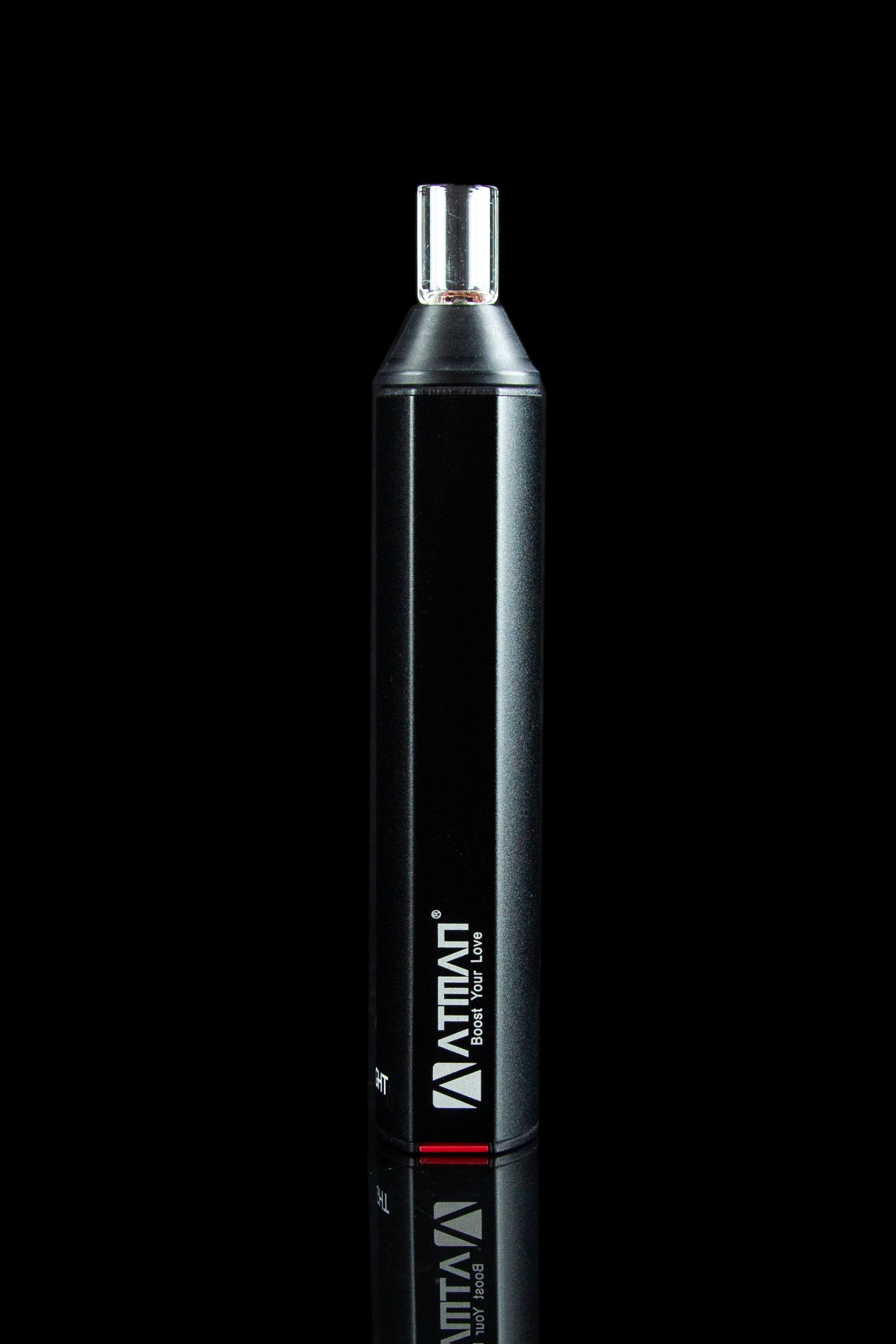 Black cannabis vape pen with metallic red and white branding.