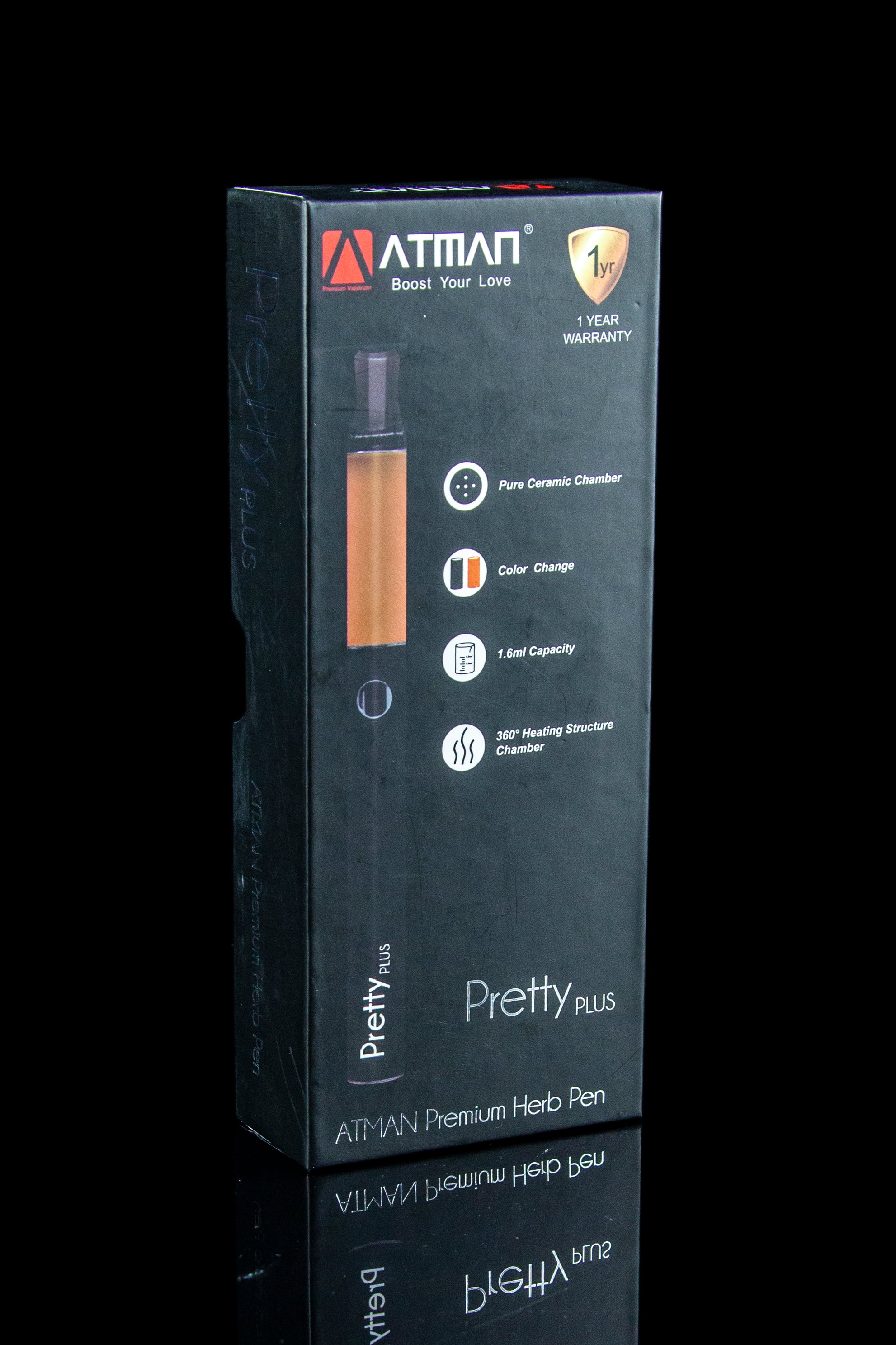 Close-up of a black and red ATMAN Pretty Plus cannabis pen packaging box, highlighting features like ceramic chamber and 1.6ml capacity.