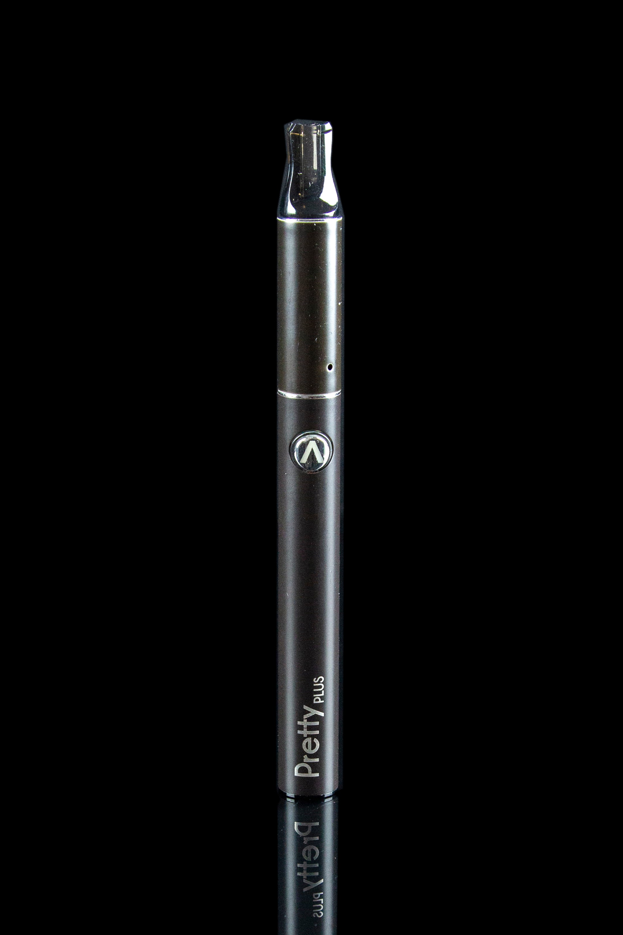 Black cannabis vape pen with āPretty Plusā branding.