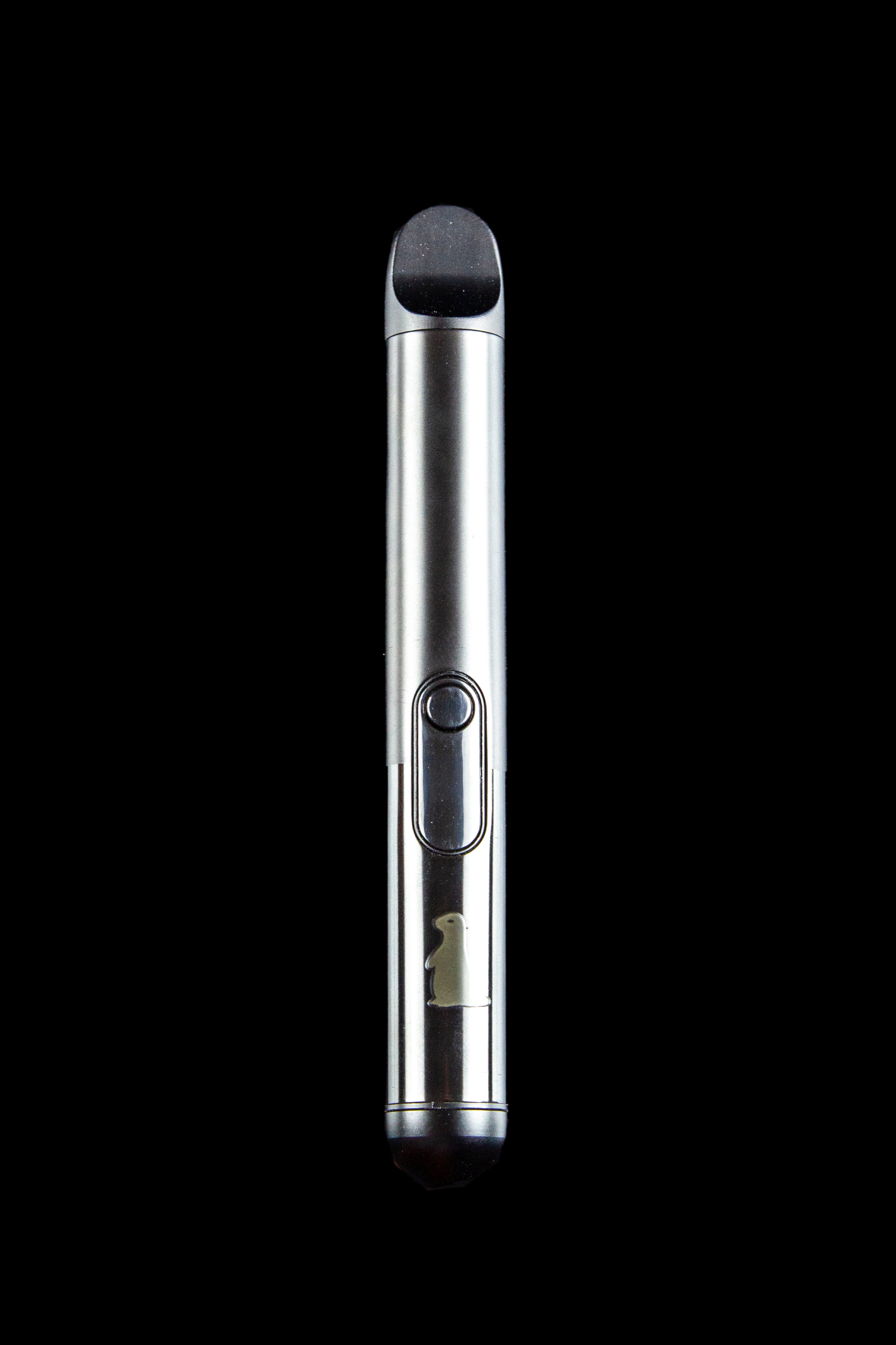 Sleek silver cannabis vape pen against a black background.