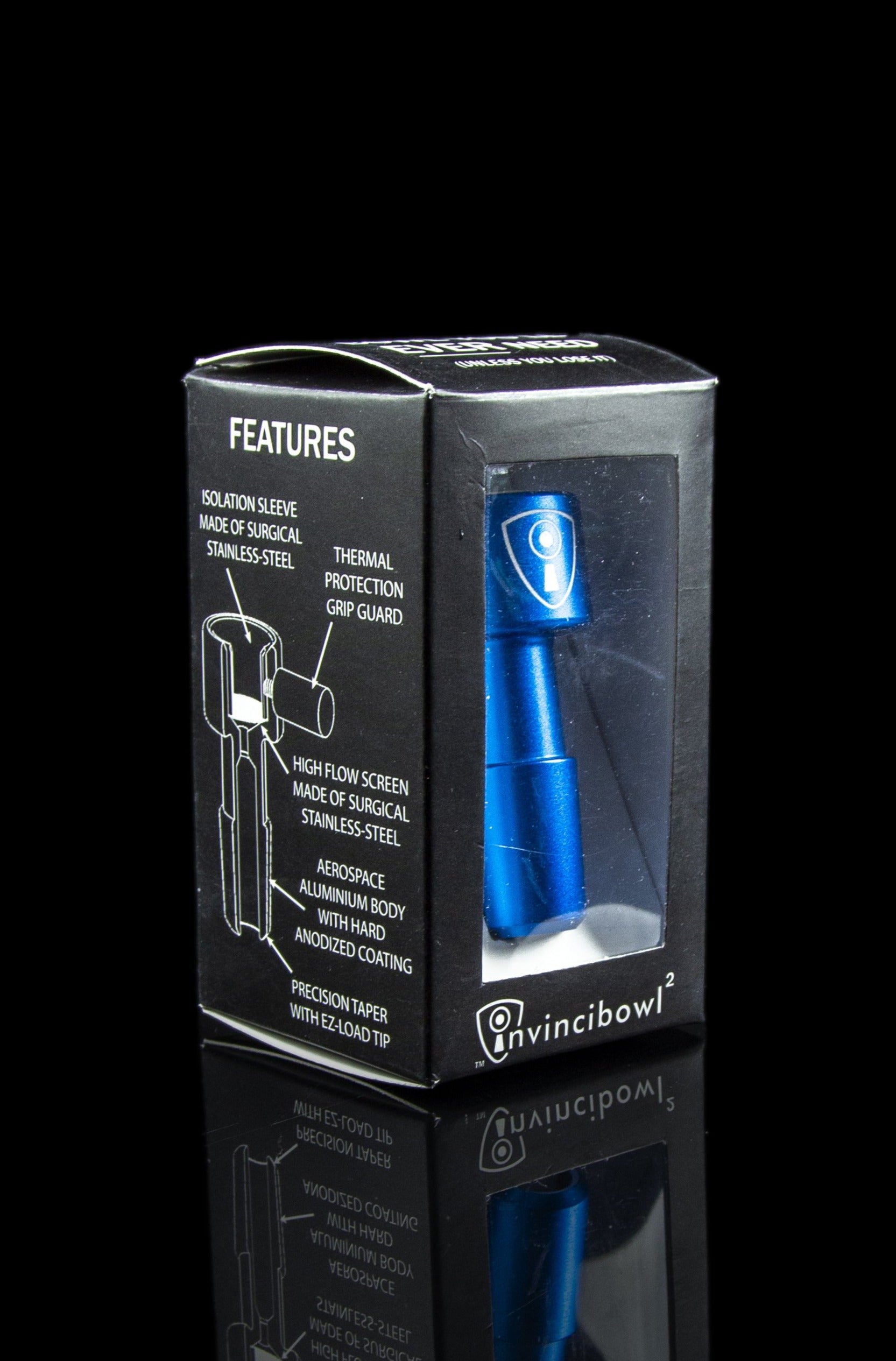 Close-up of a cannabis bowl packaging box highlighting features like surgical-grade stainless steel, thermal protection, and aerospace aluminum construction, alongside a blue Invincibowl.