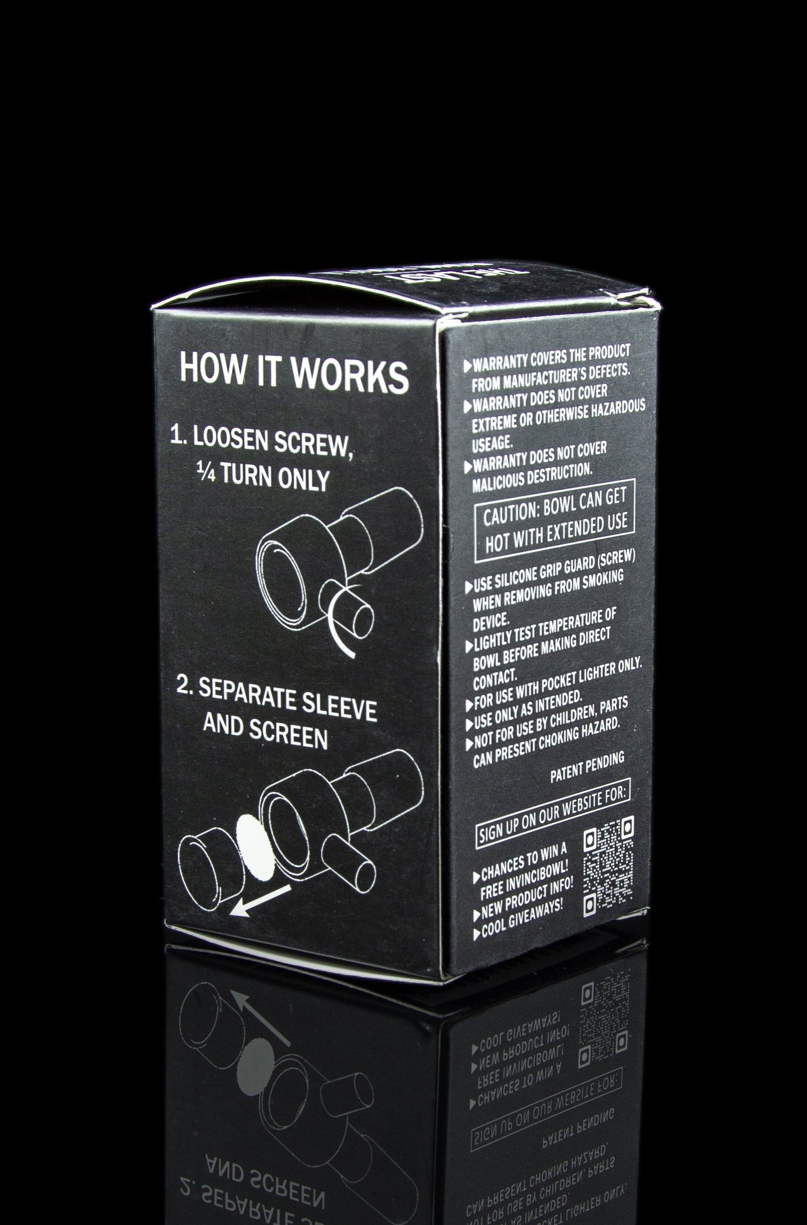 Instructions for disassembling a cannabis bowl with silicone grip and screen, accompanied by safety warnings and a QR code for website sign-up.