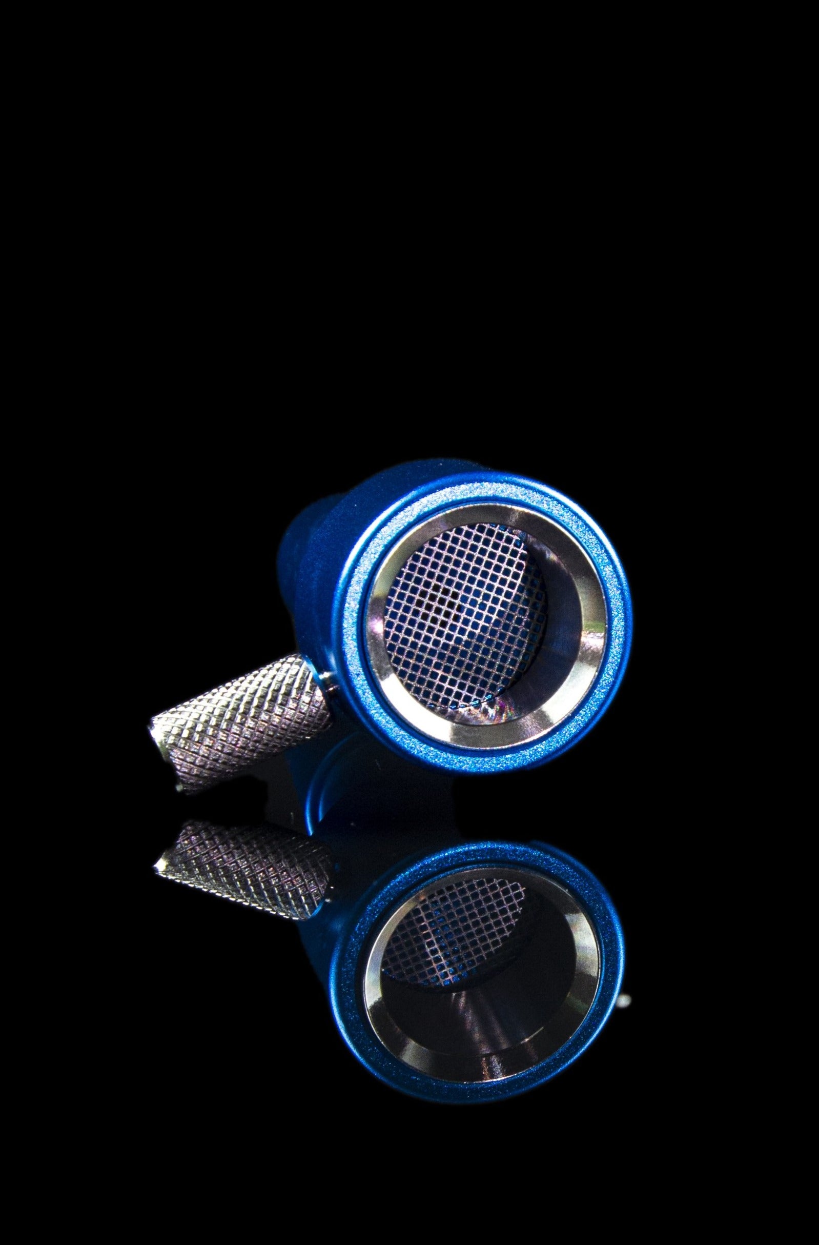 Blue cannabis oil burner with mesh coil and reflective surface.
