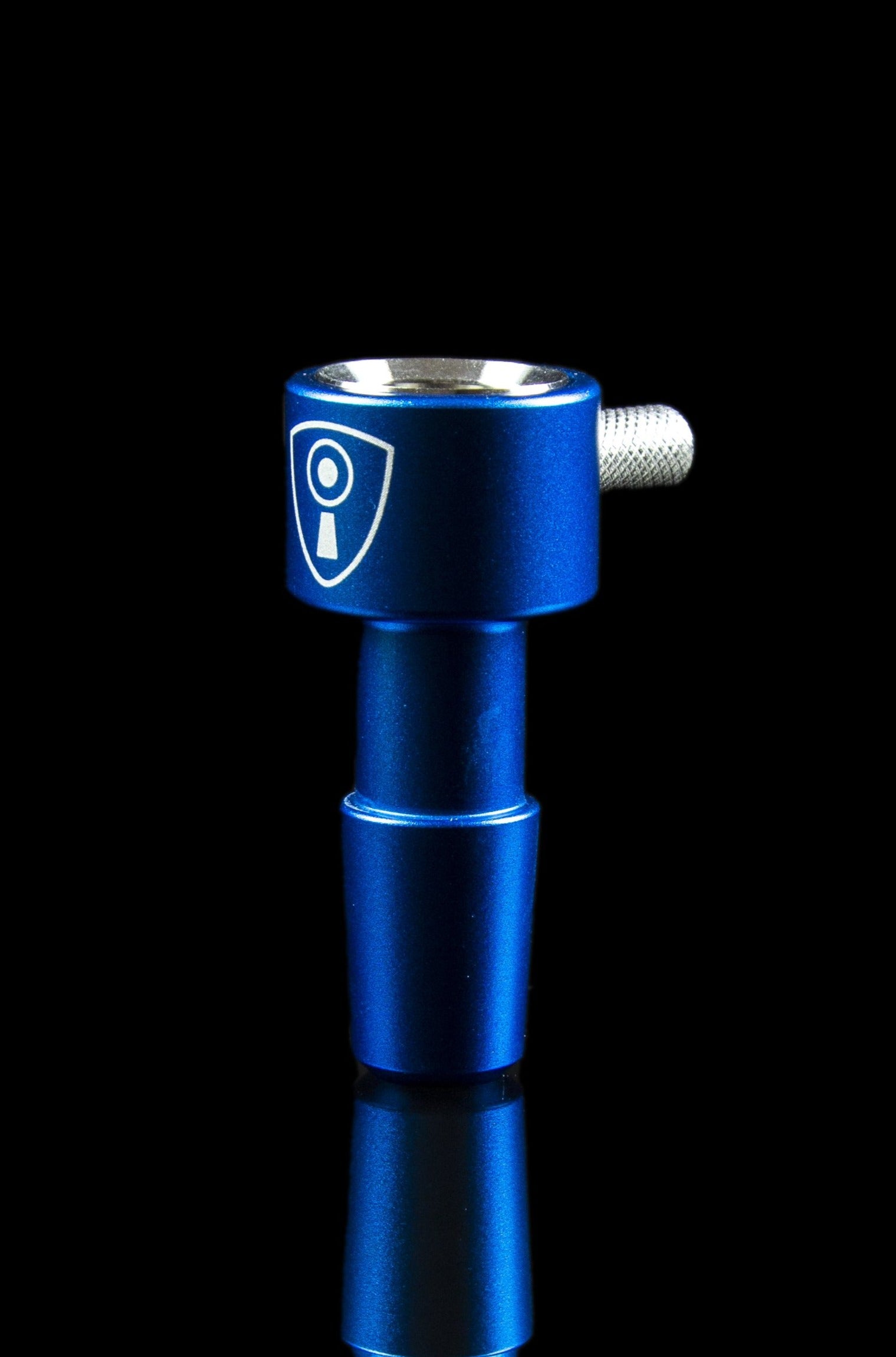 Blue titanium downstem for a water pipe, featuring a branded shield logo.