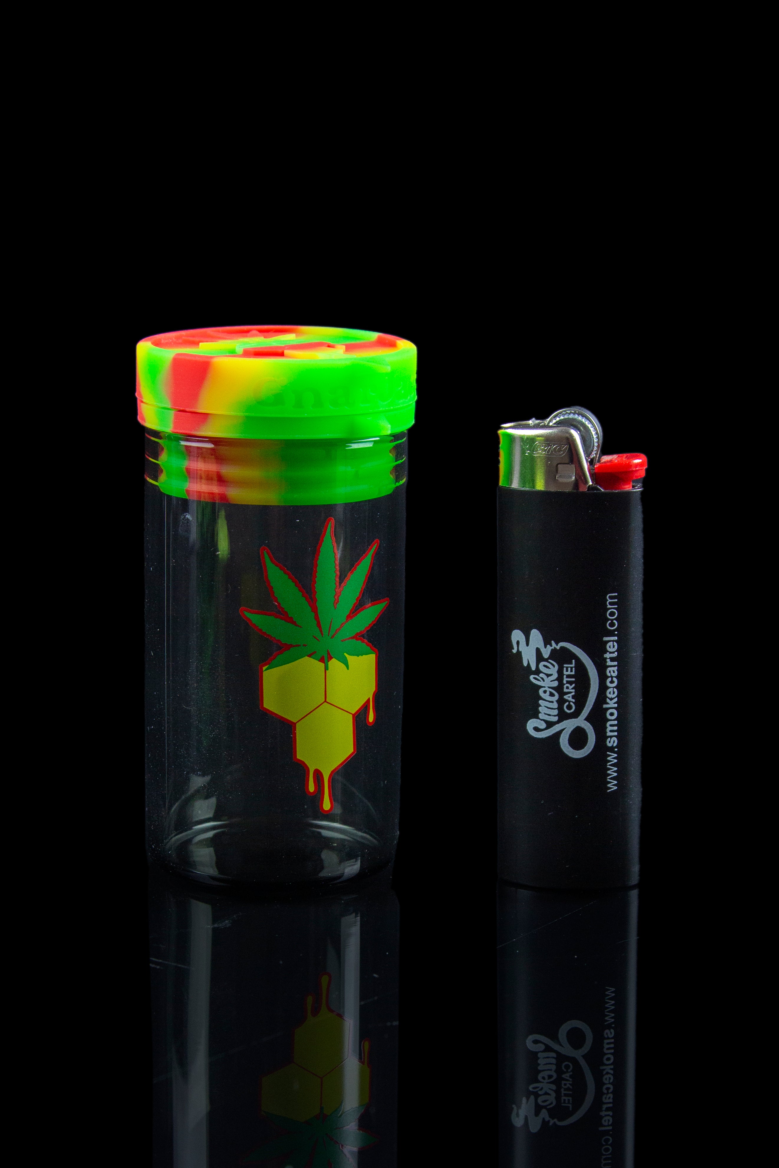 Cannabis-themed butane lighter with a colorful silicone cap.