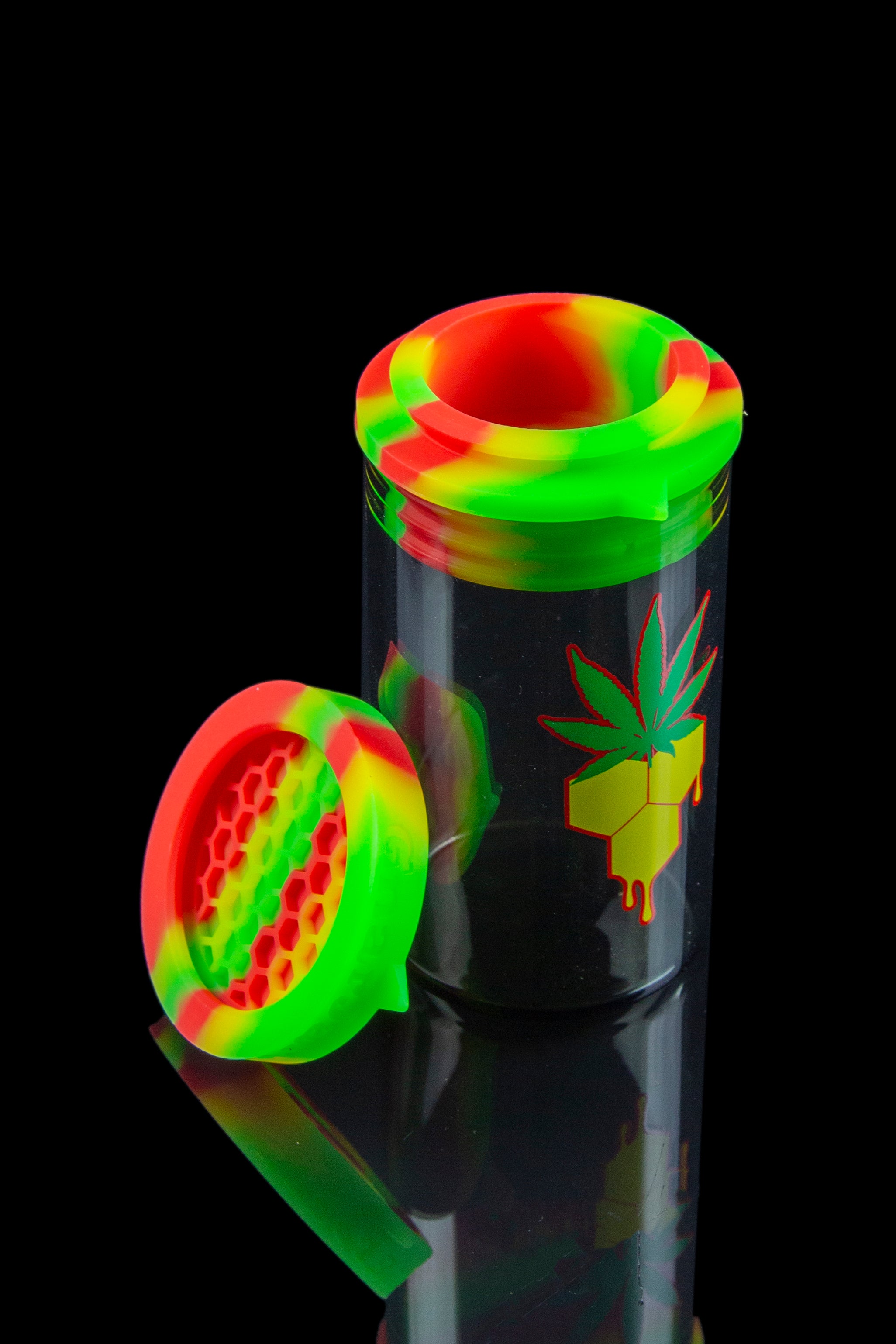 Colorful silicone bubbler with a cannabis leaf design.