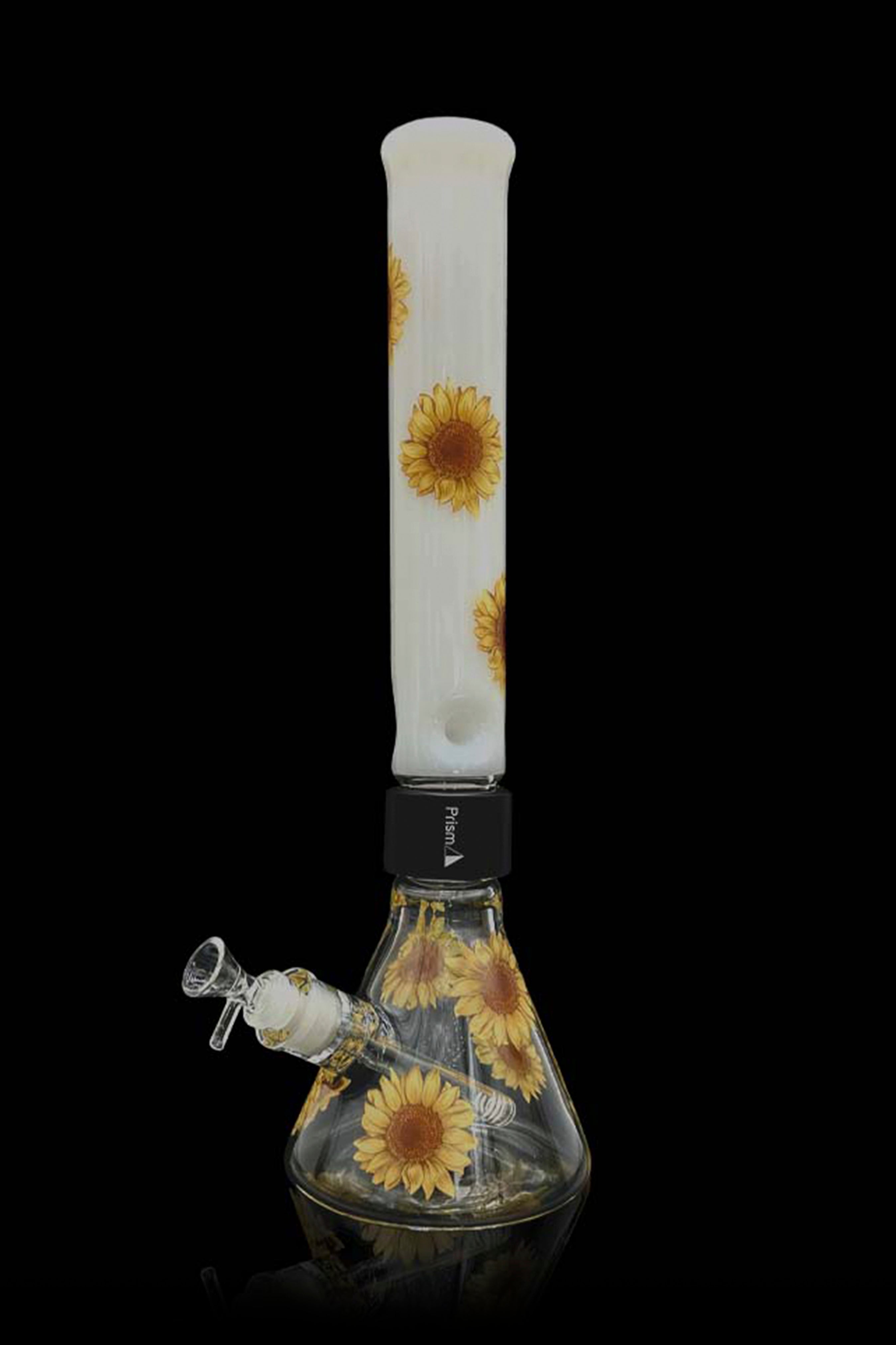 Glass water pipe with sunflower design.