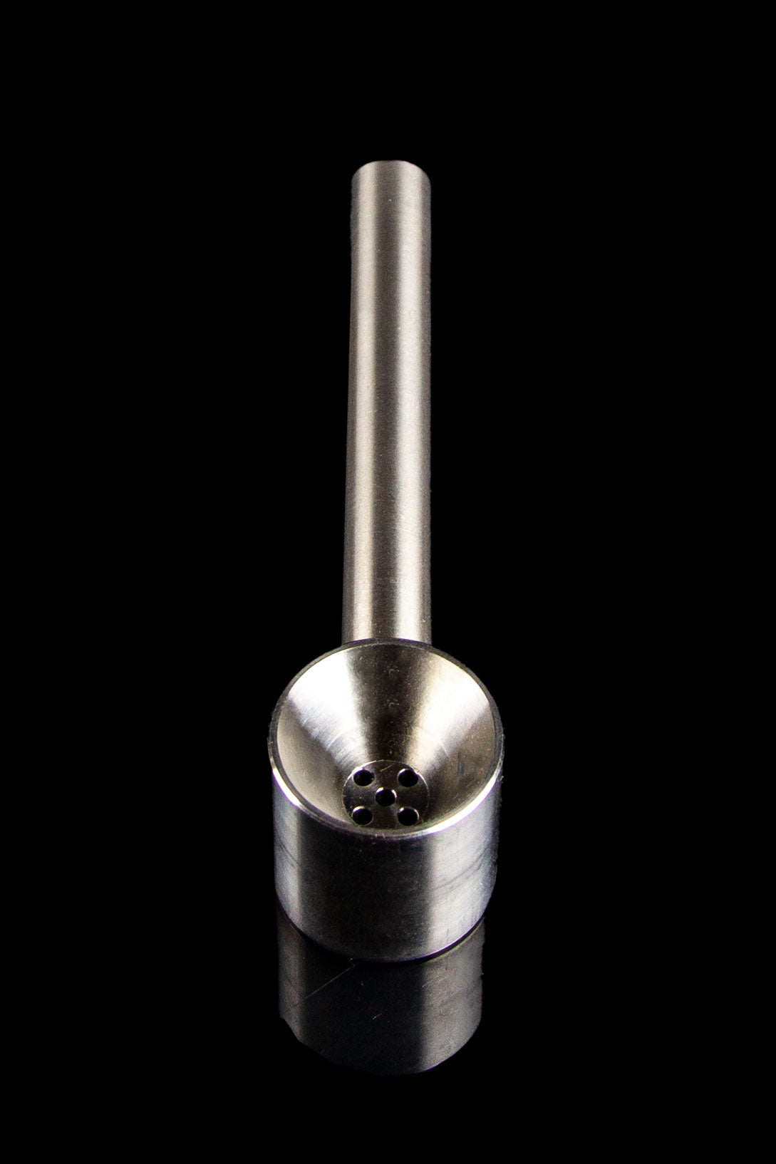 Silver oil burner pipe with multiple holes in the bowl, studio shot on black.