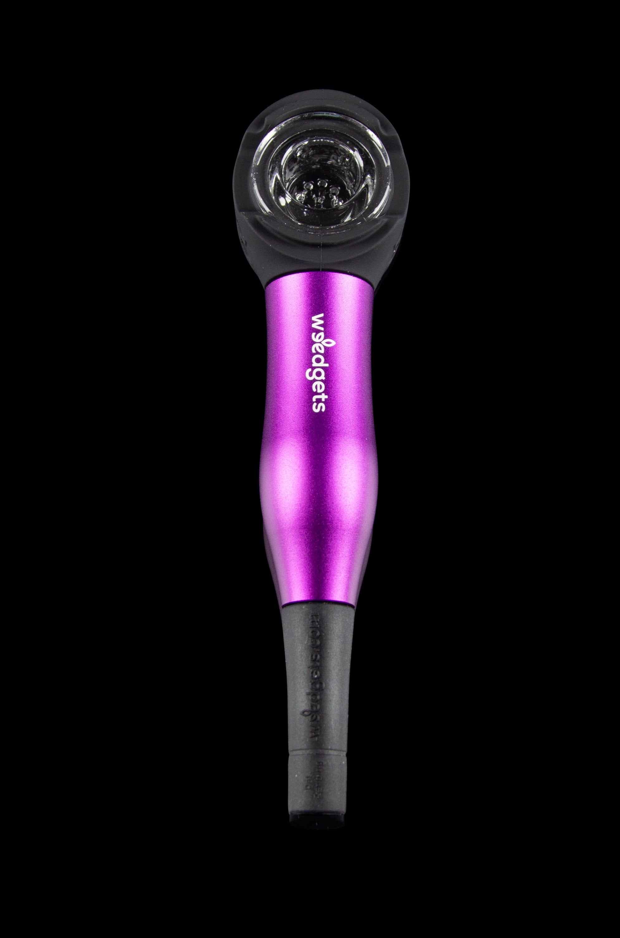 Purple glass pipe for smoking cannabis, branded with “weedgets”."
