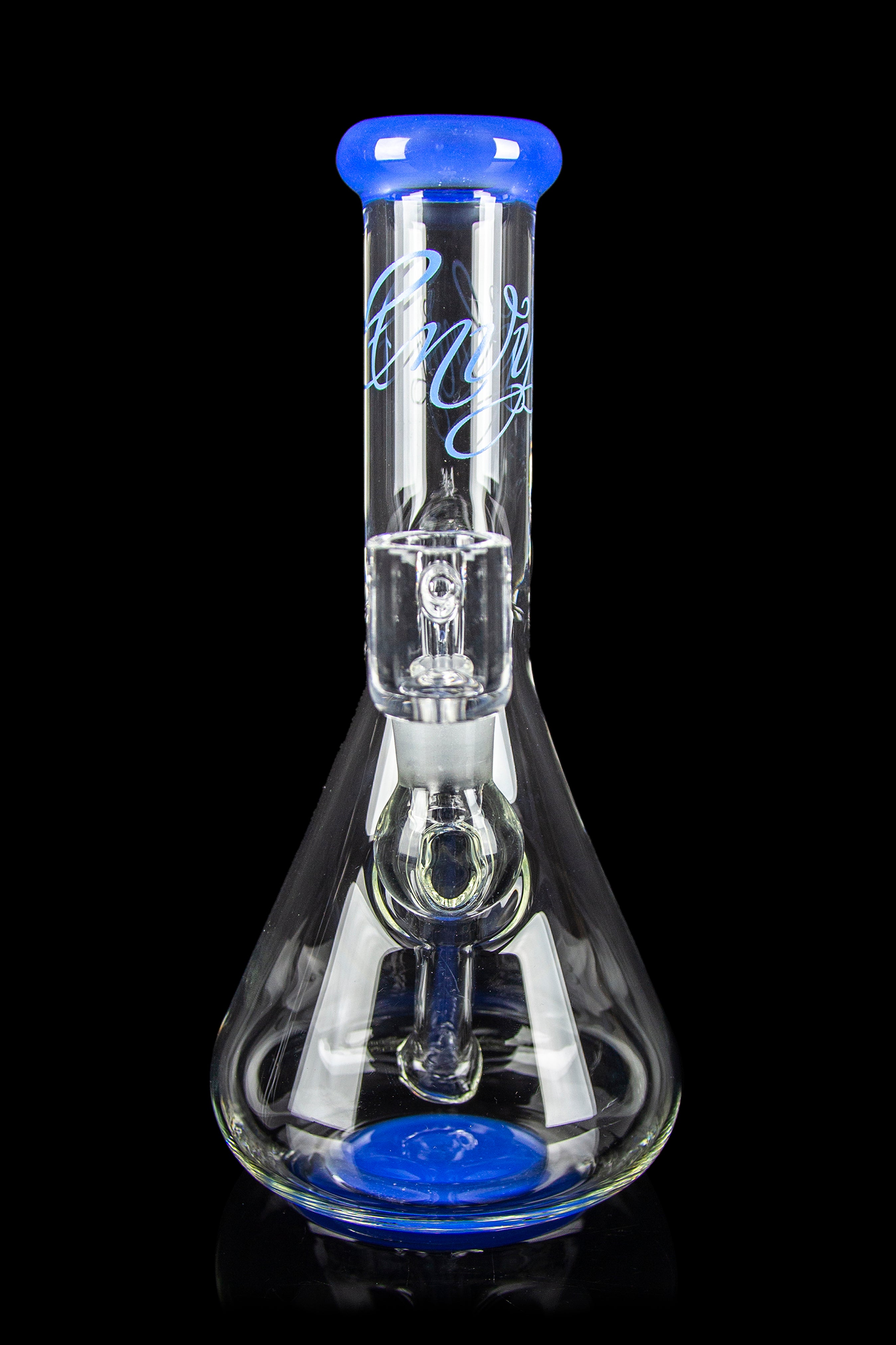 Clear glass bong with blue accents and intricate internal filtration system, isolated on a black background.
