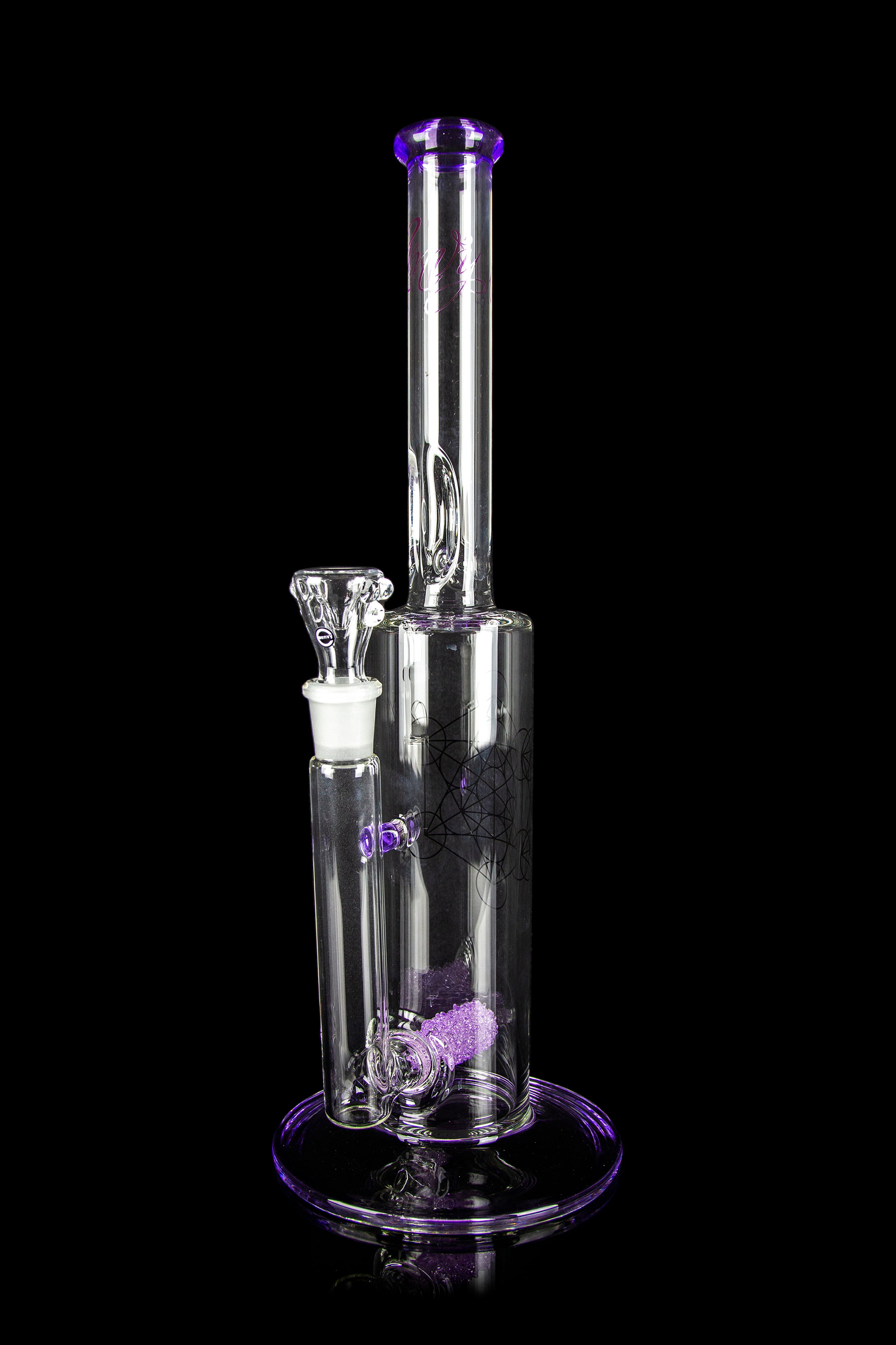 A clear glass water pipe (bong) with purple accents and intricate internal percolators, isolated on a black background.