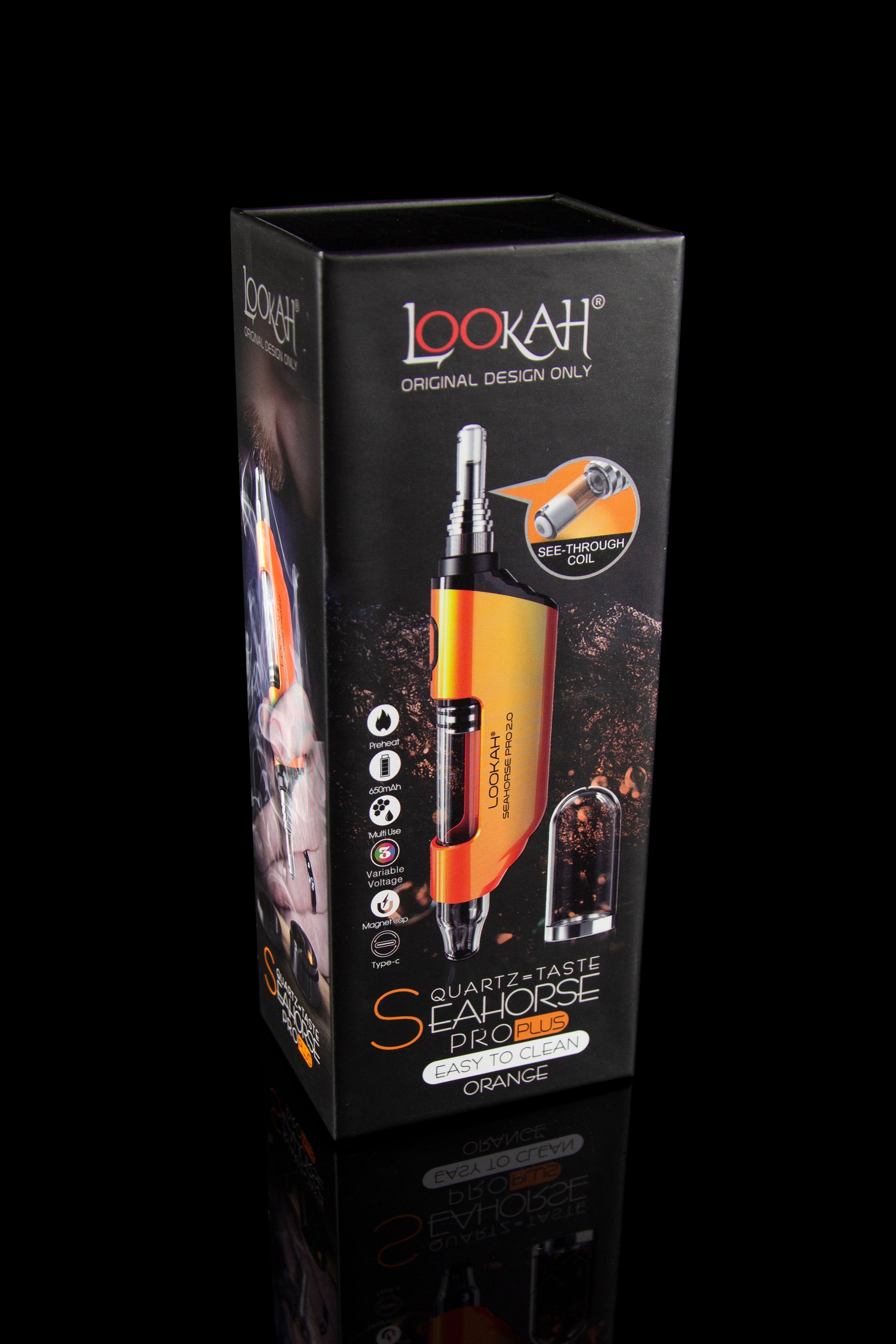 Product packaging for a red and black Lookah Seahorse Pro Plus vaporizer, displayed against a dark background.