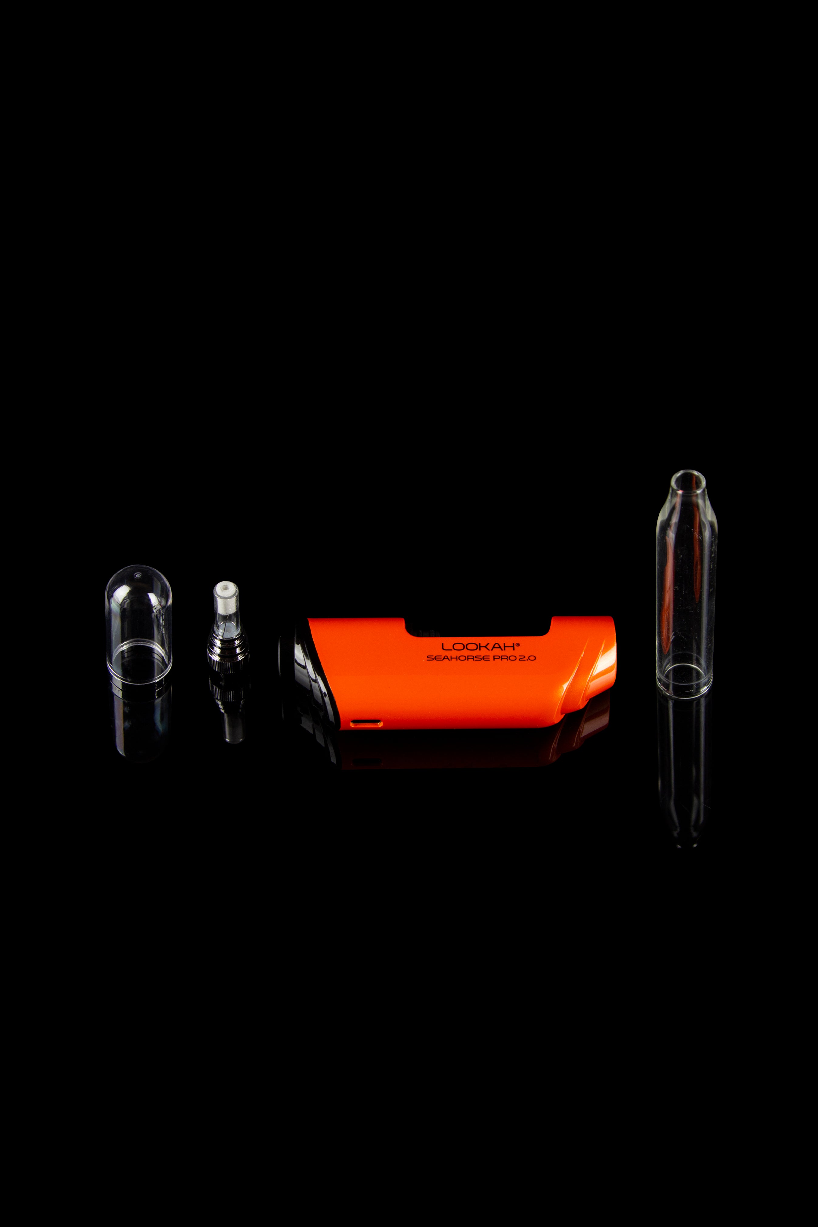 Orange Lookah Seahorse Pro 2.0 dab rig with glass attachments on a black background.