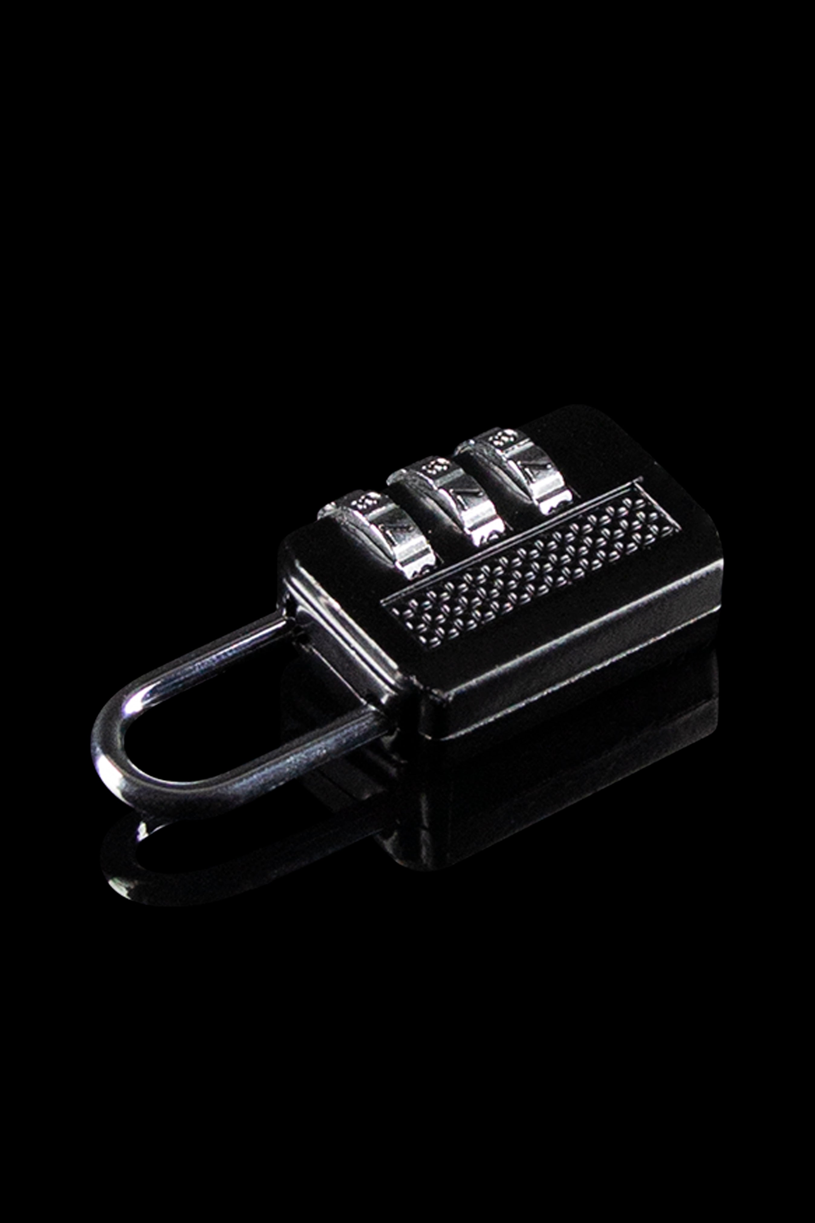 Black combination lock on a reflective surface, symbolizing cannabis security.