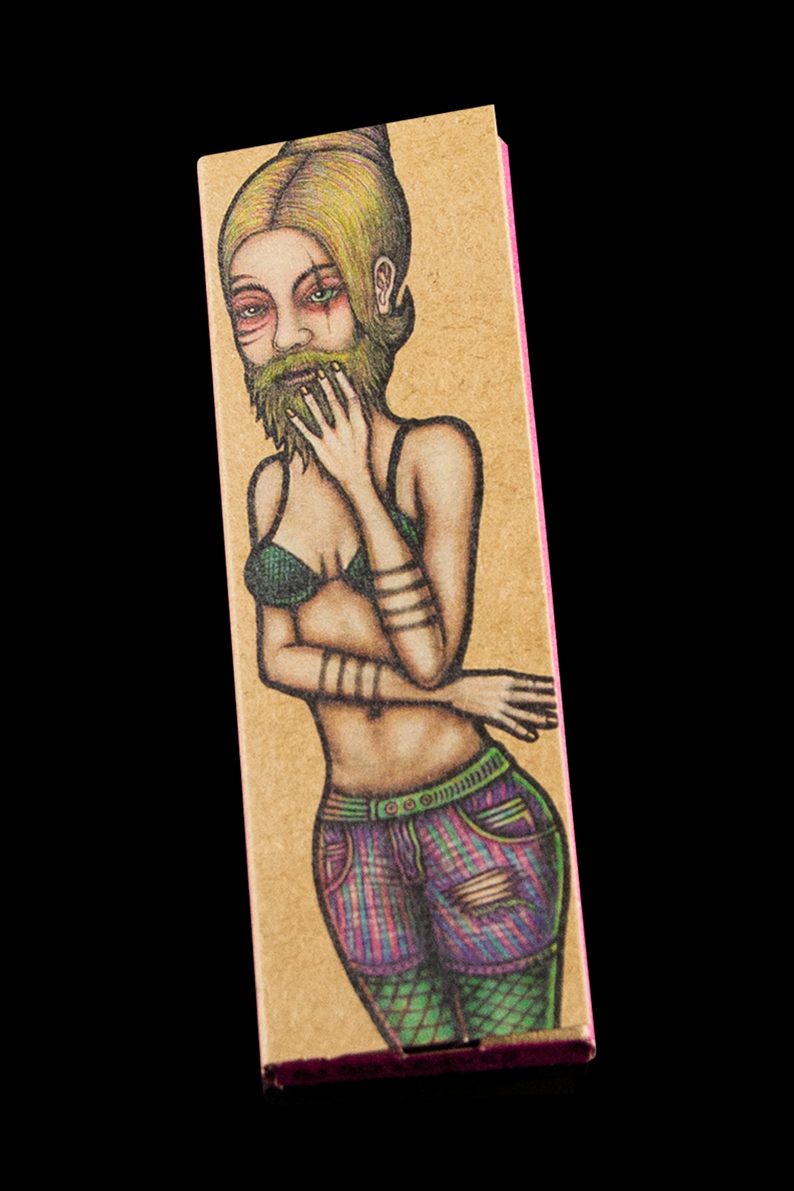 Rectangular cannabis packaging depicting a whimsical, colorful illustration of a woman with a beard, wearing minimal clothing and a playful expression.