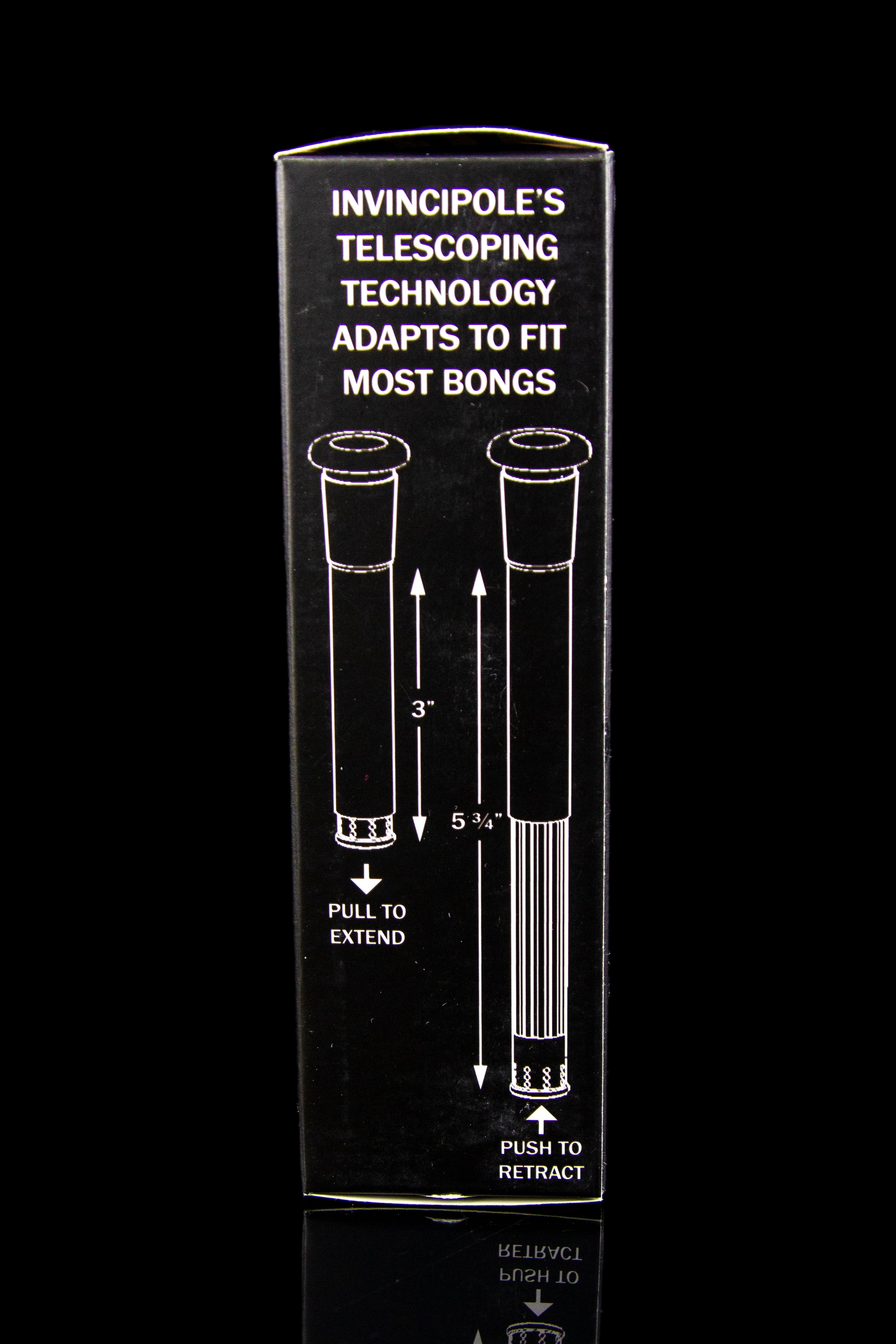 Packaging for "Invincipole," a telescoping downstem accessory for water pipes (bongs), showing extension and retraction instructions.