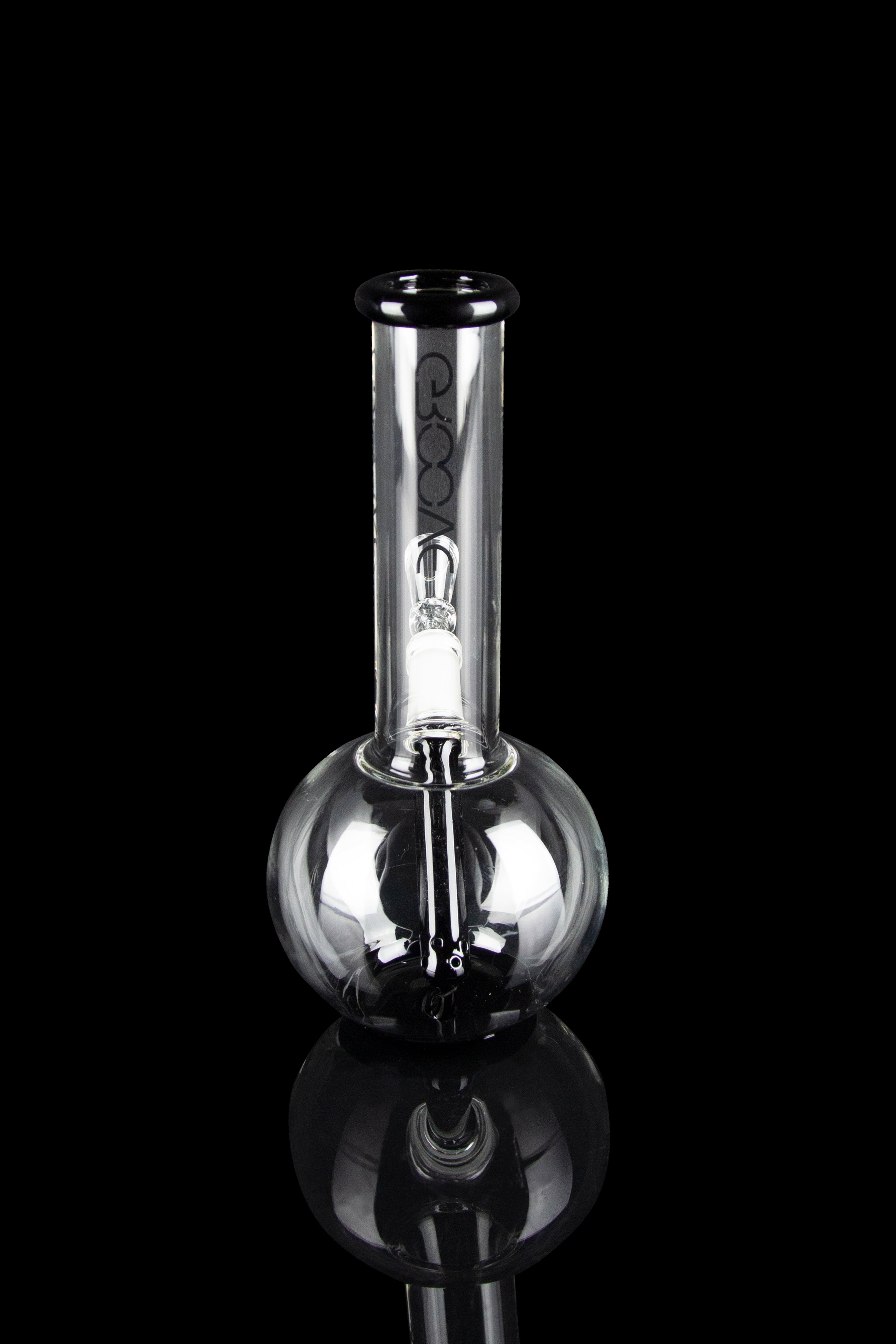 Clear glass bubbler water pipe with a bowl, isolated on a black background.