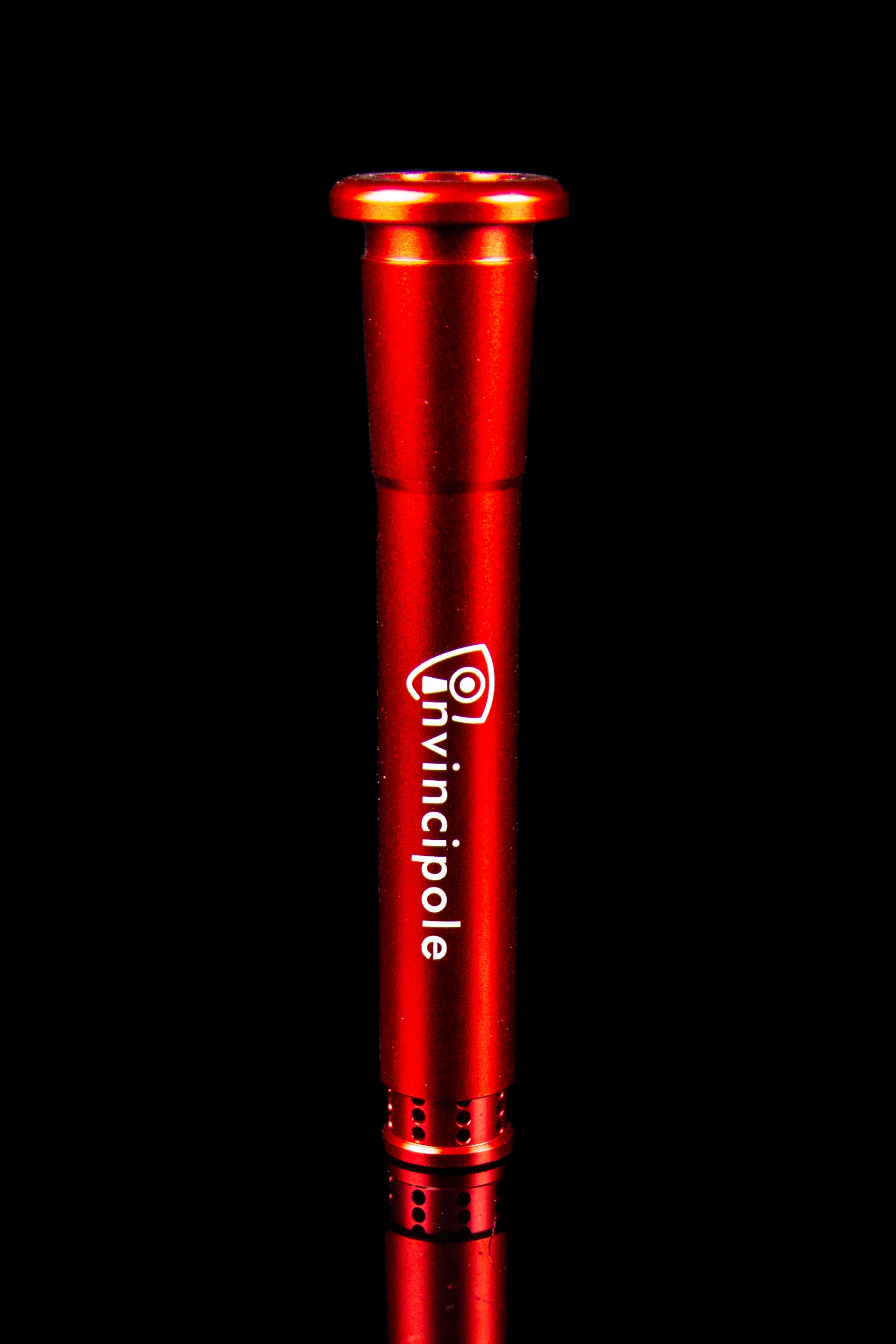 Red cannabis pipe with “Invincipole” logo, isolated on black.