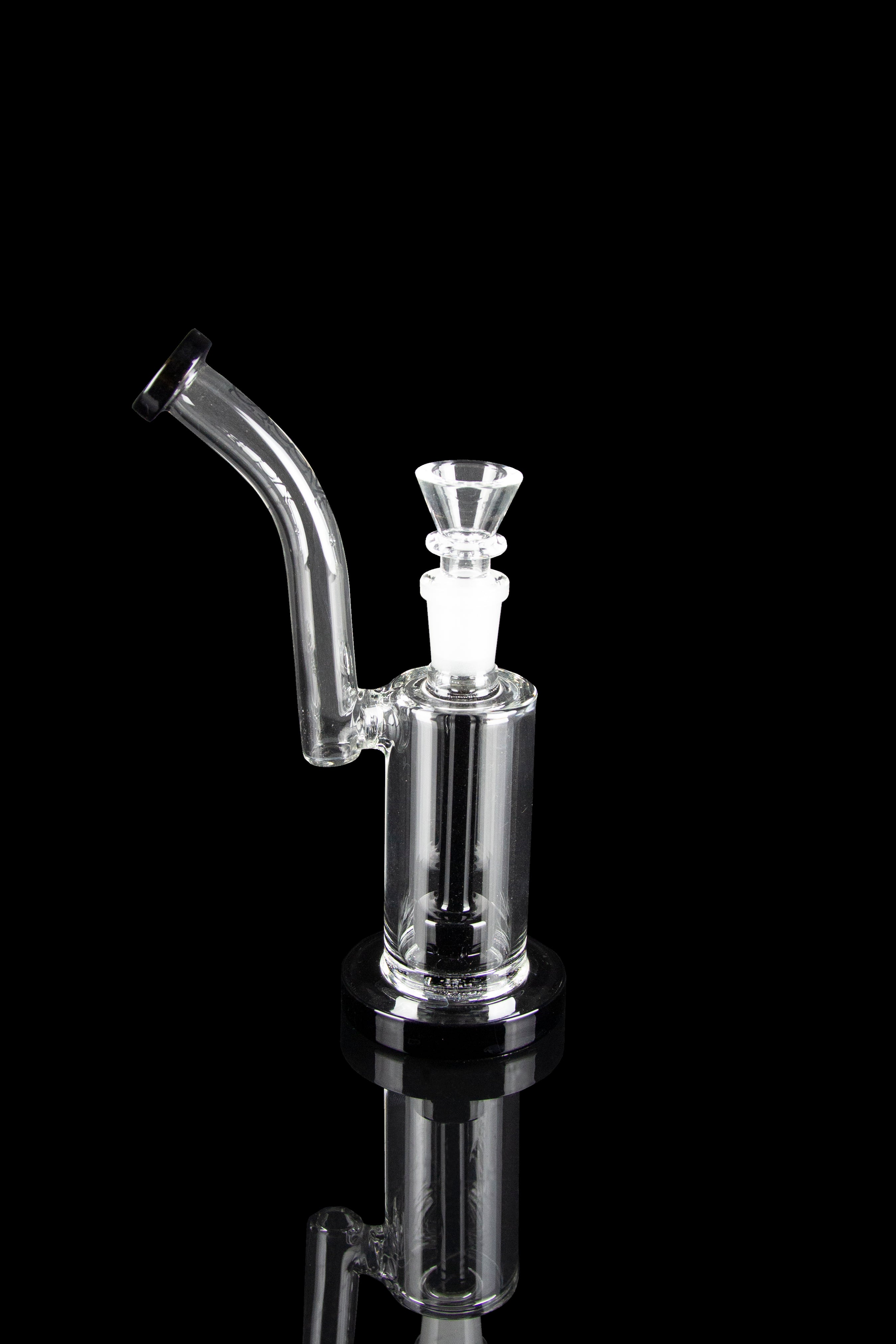 Clear glass bubbler with a curved mouthpiece and bowl, reflecting on a dark surface.