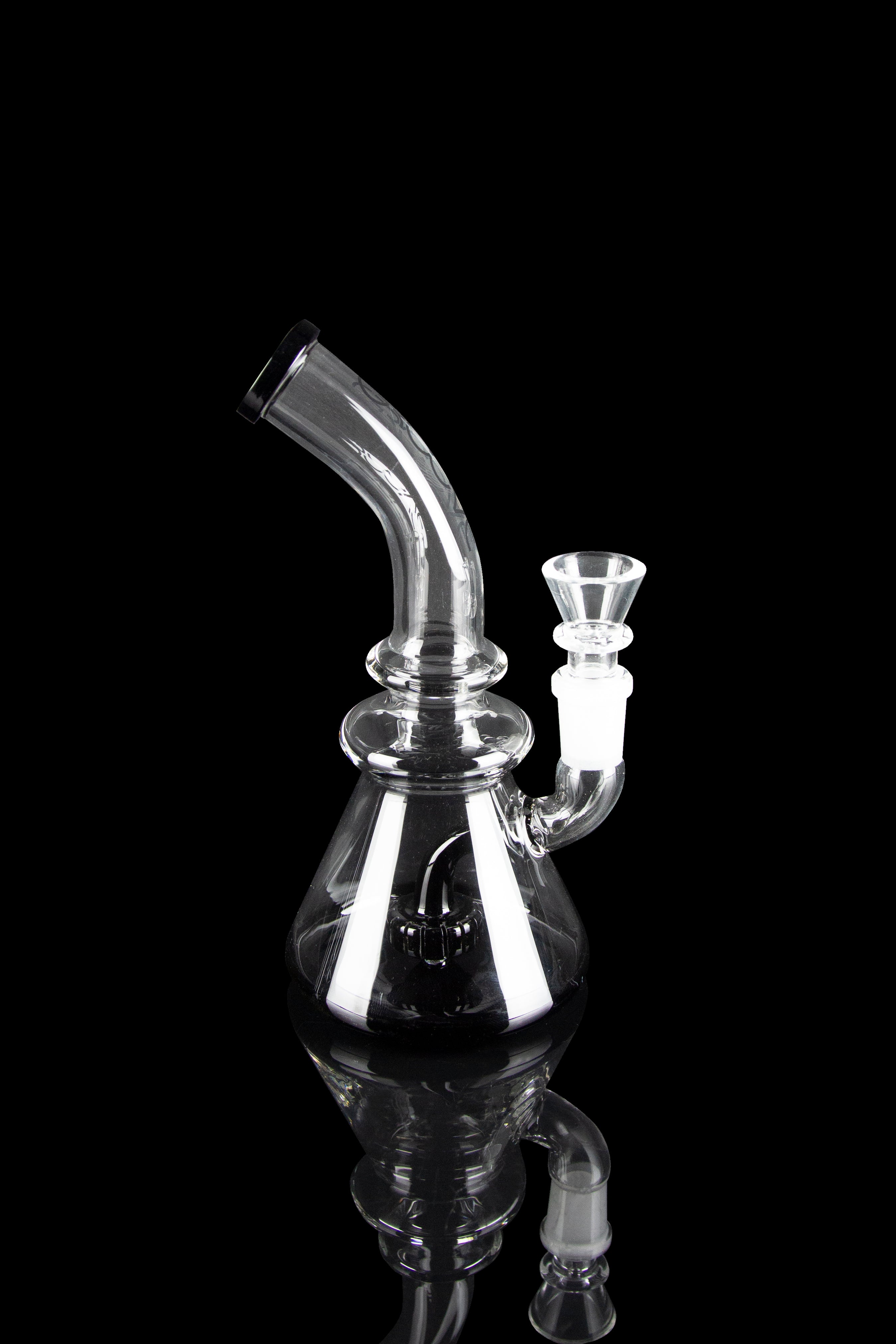 Clear glass water pipe (bong) with a glass bowl, isolated on a black background.