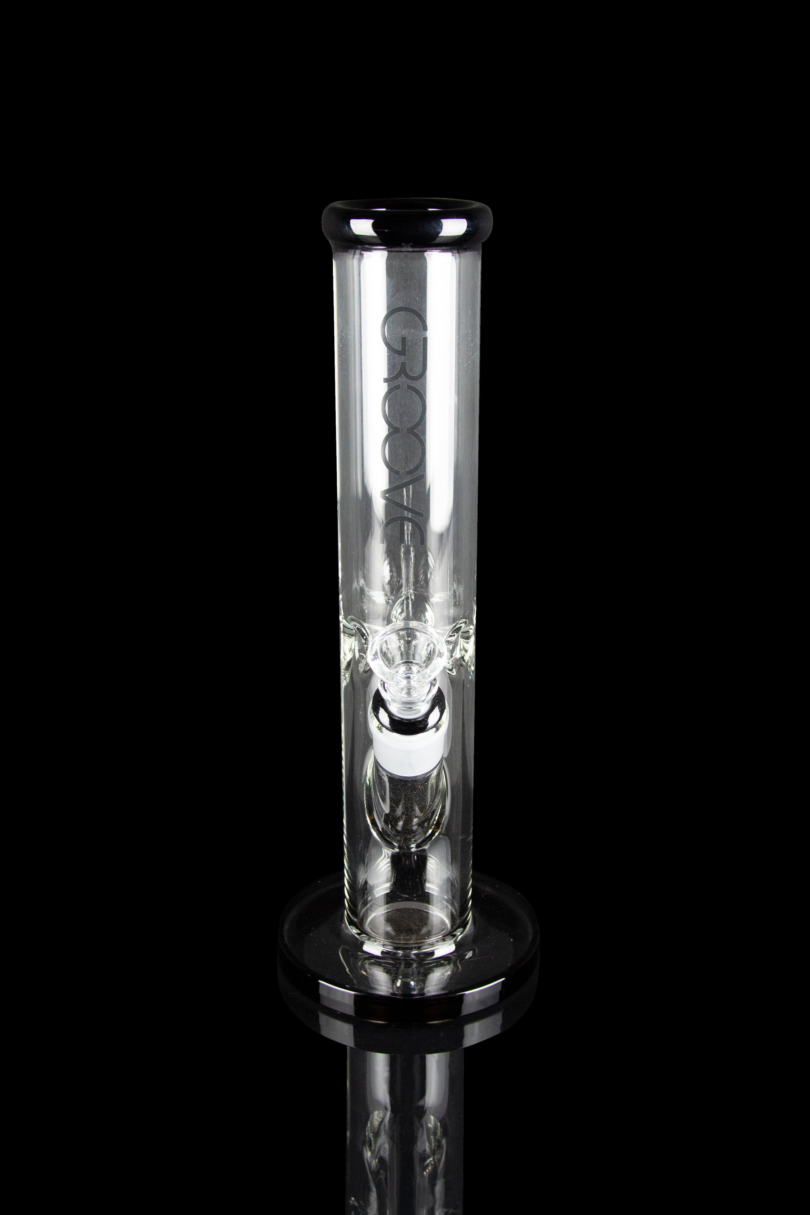 Clear glass water pipe with percolators, isolated on a black background.