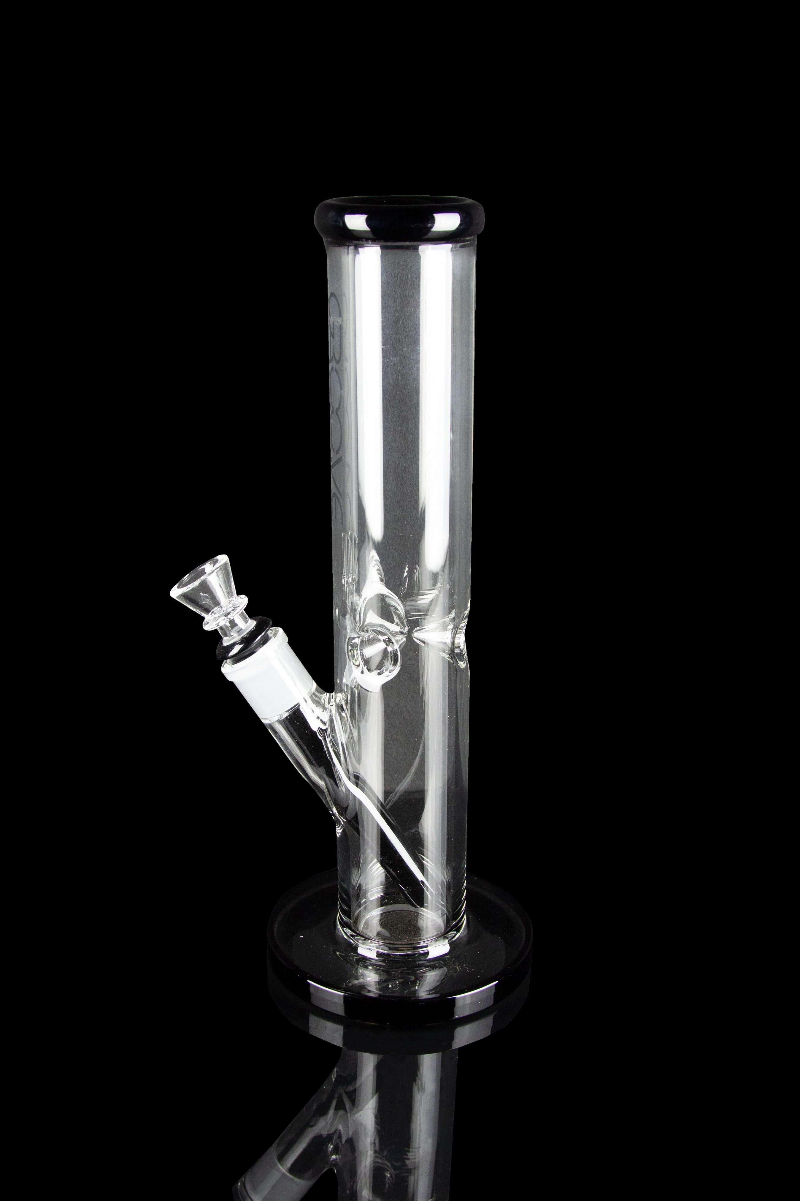 Clear glass bong with ice catch and removable downstem, studio shot on black.
