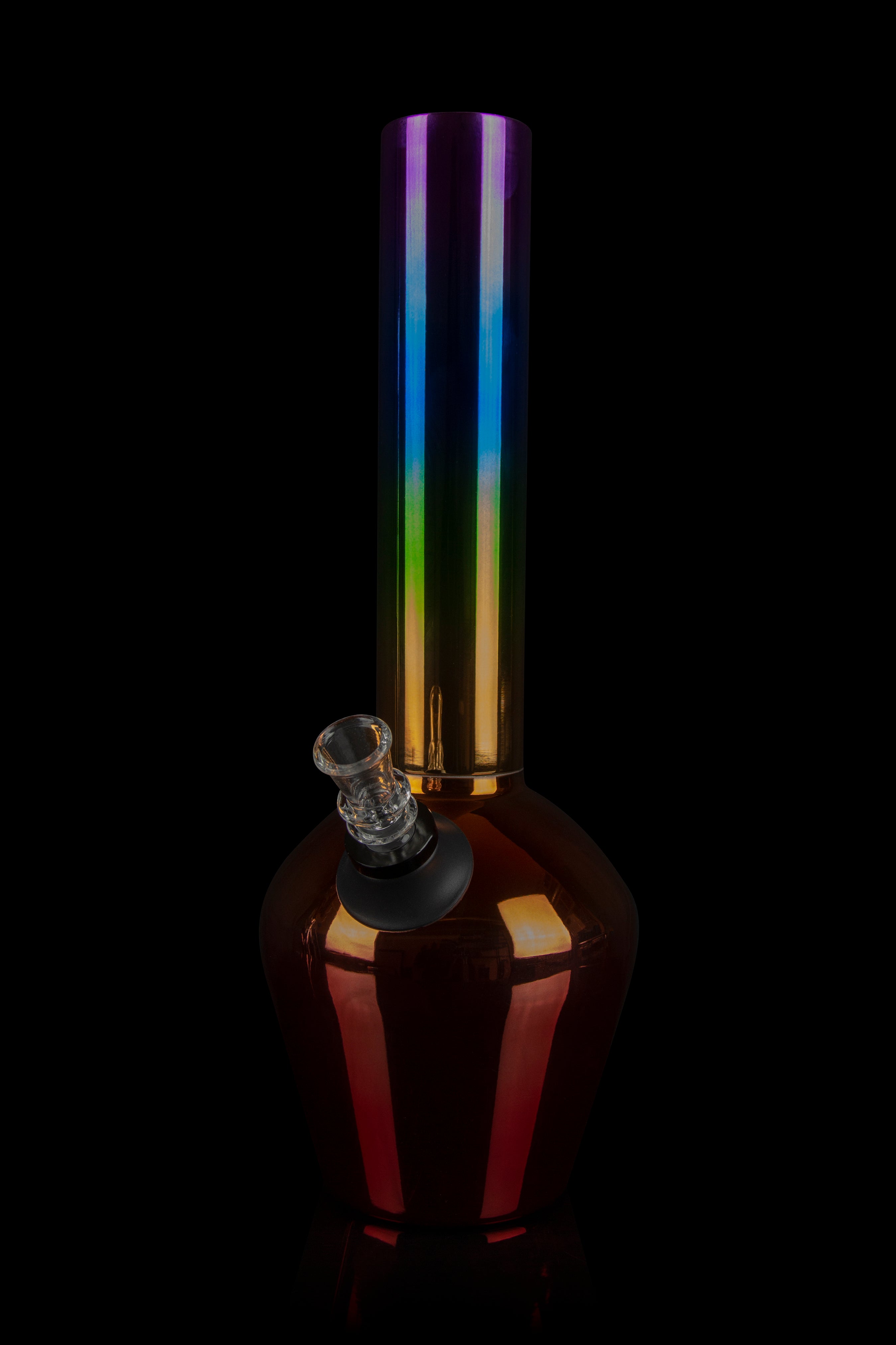 A vibrant, colorful glass water pipe (bong) with a rounded base and tall, iridescent neck, set against a black background.