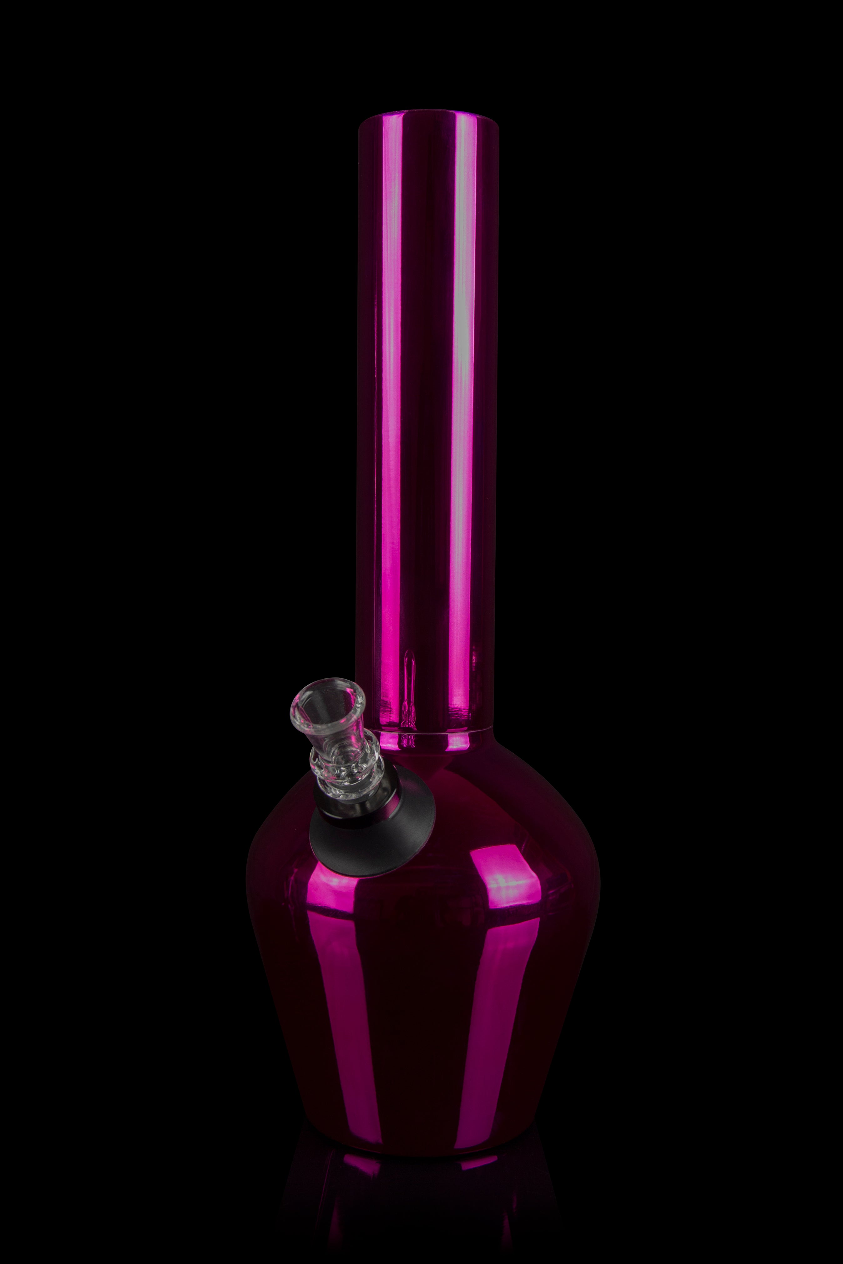 Pink glass water pipe (bong) against a black background.