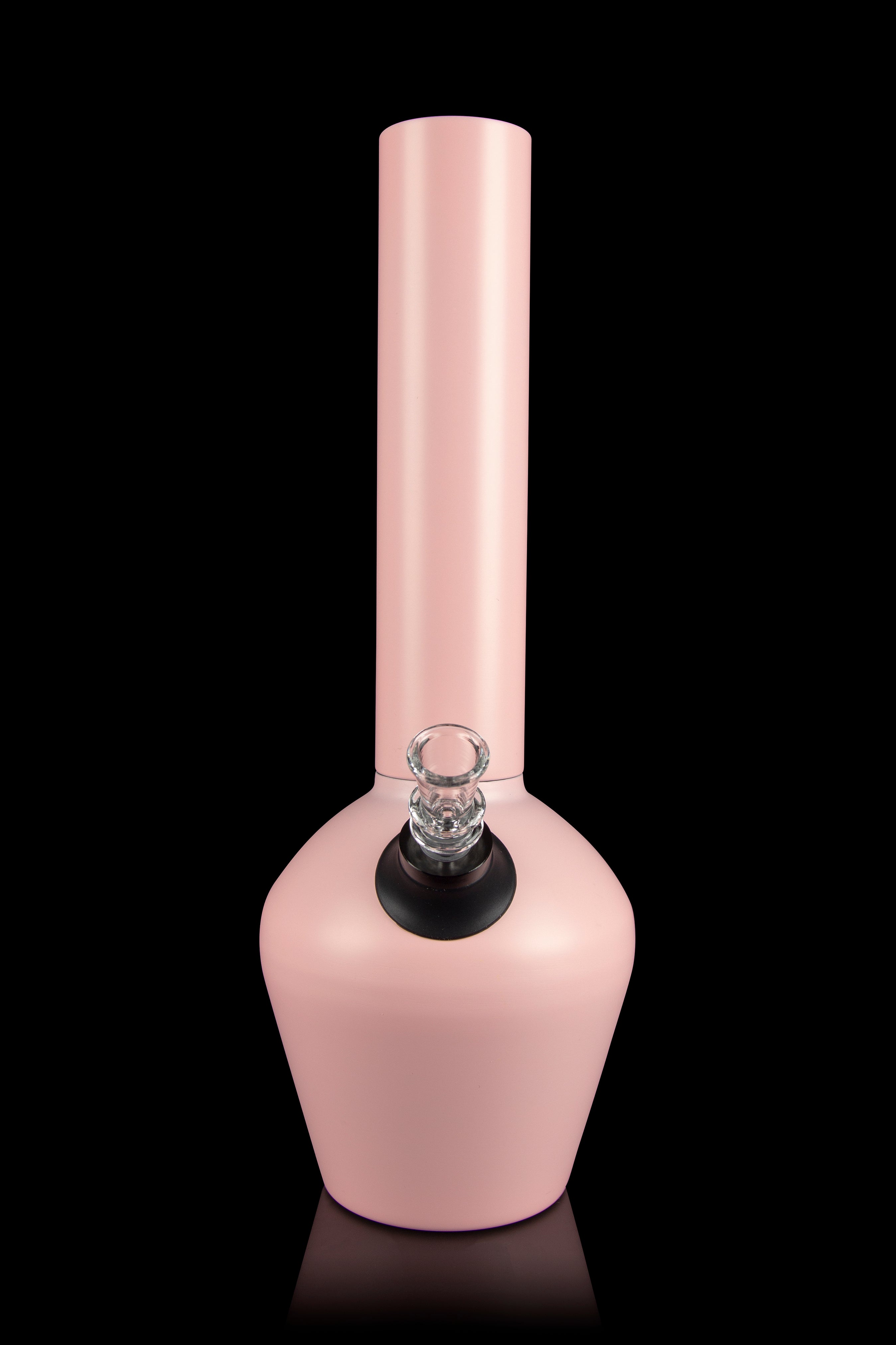 Pink glass water pipe (bong) with a downstem, studio shot on a black background.