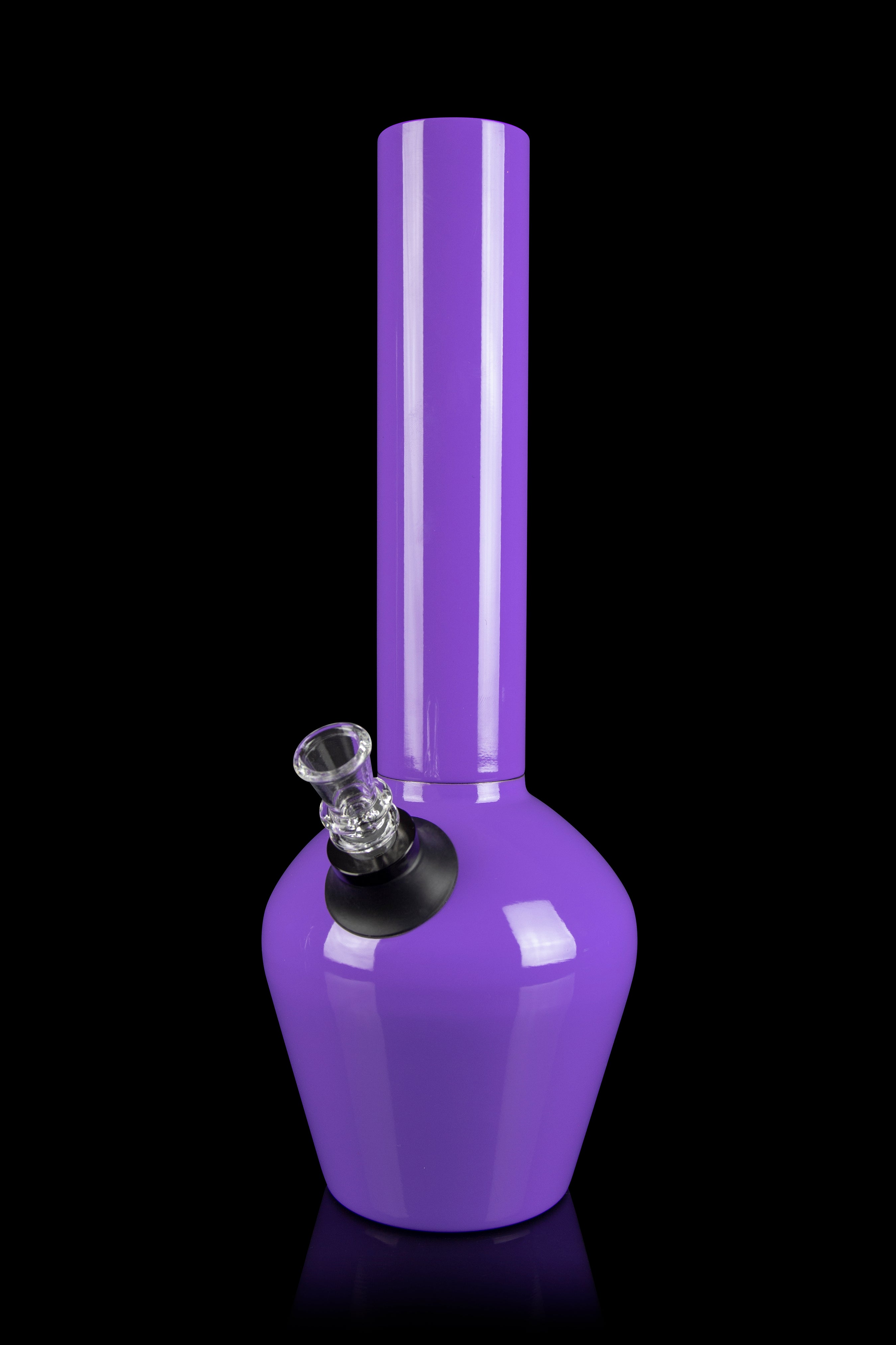 Purple glass water pipe (bong) with a clear bowl piece.