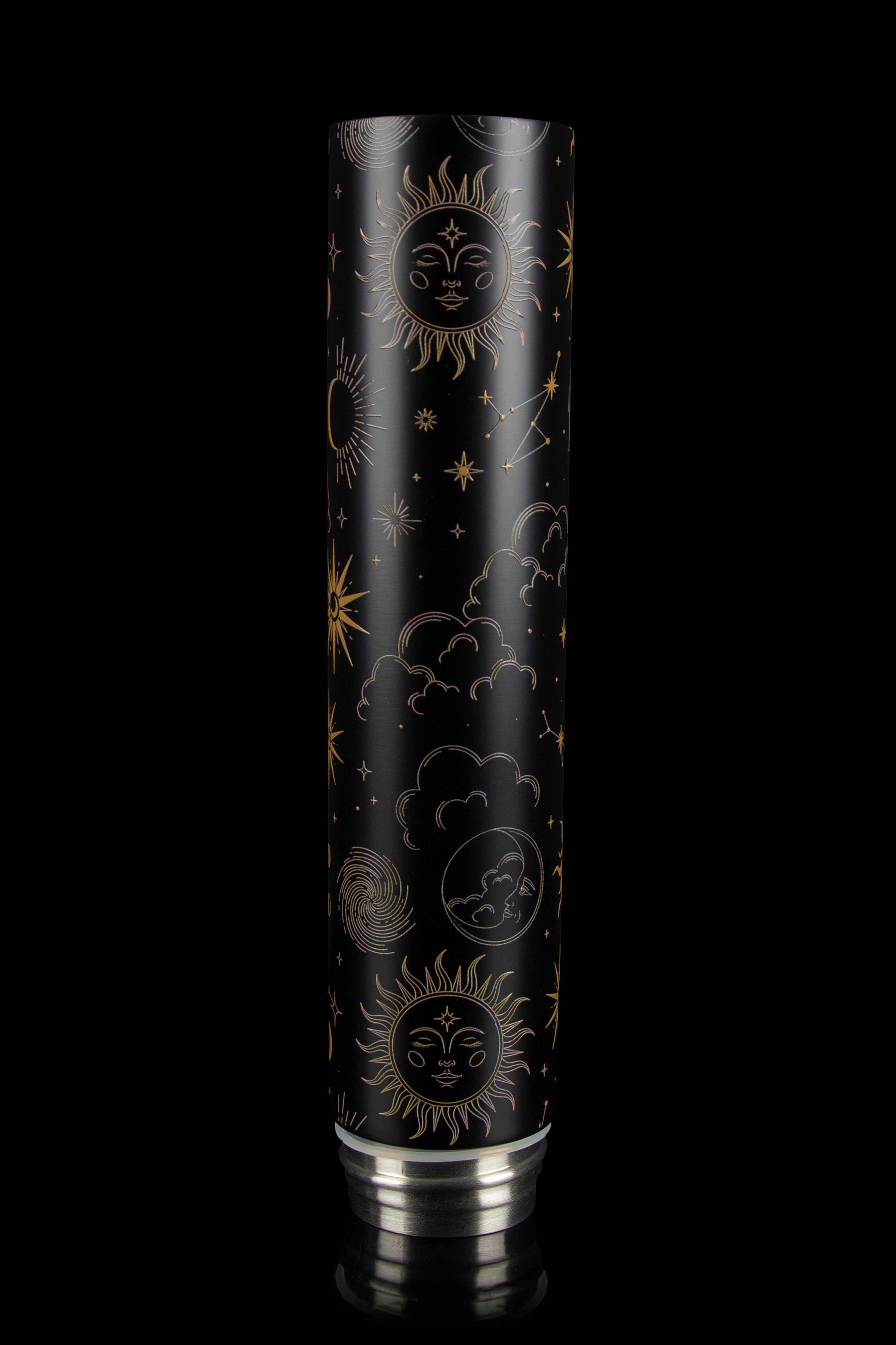 Black metal tube with gold celestial pattern, likely a cannabis accessory.