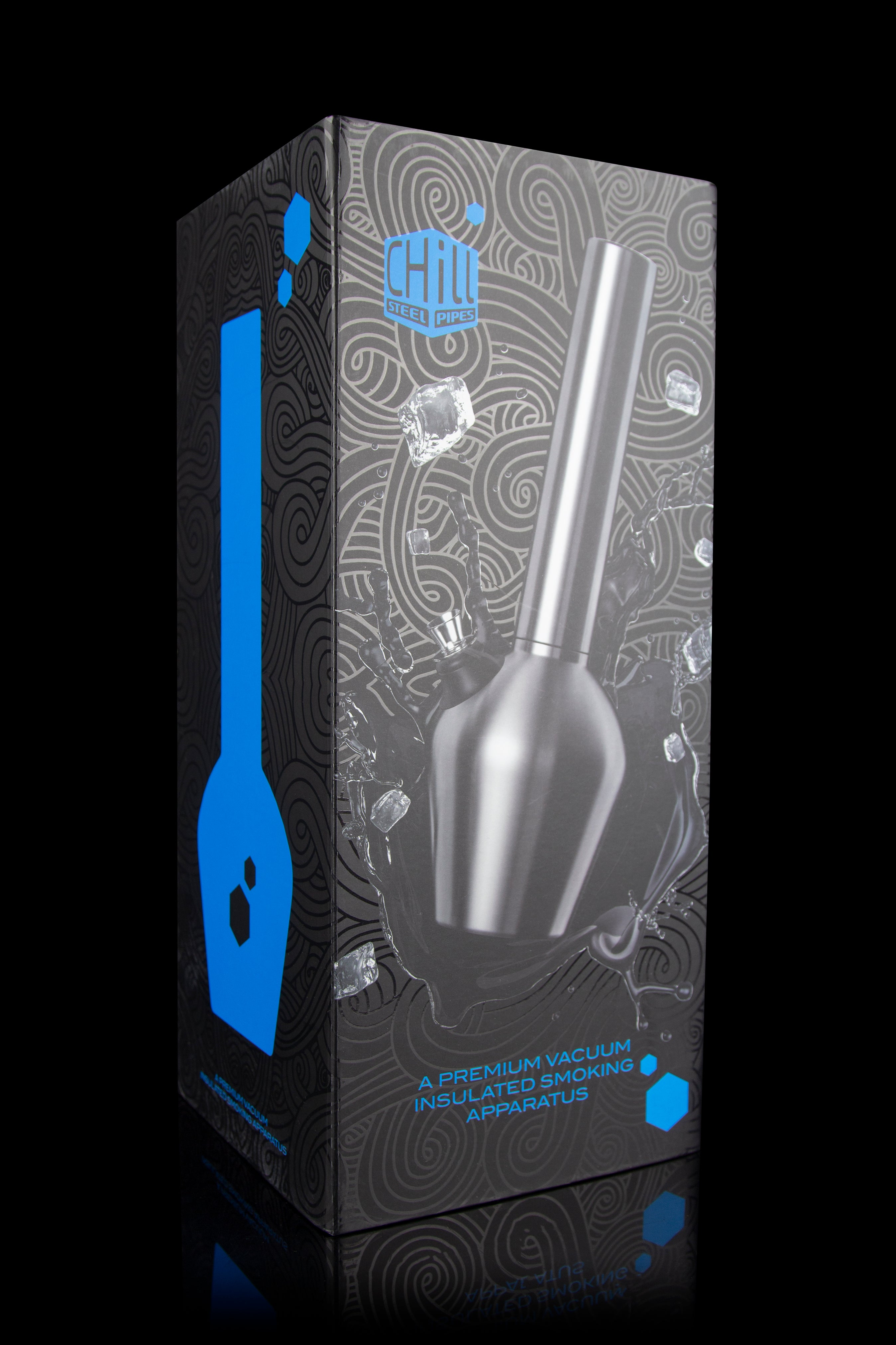 Product packaging for a silver “Chill Steel Pipes” smoking device with blue accents, displayed against a white background.