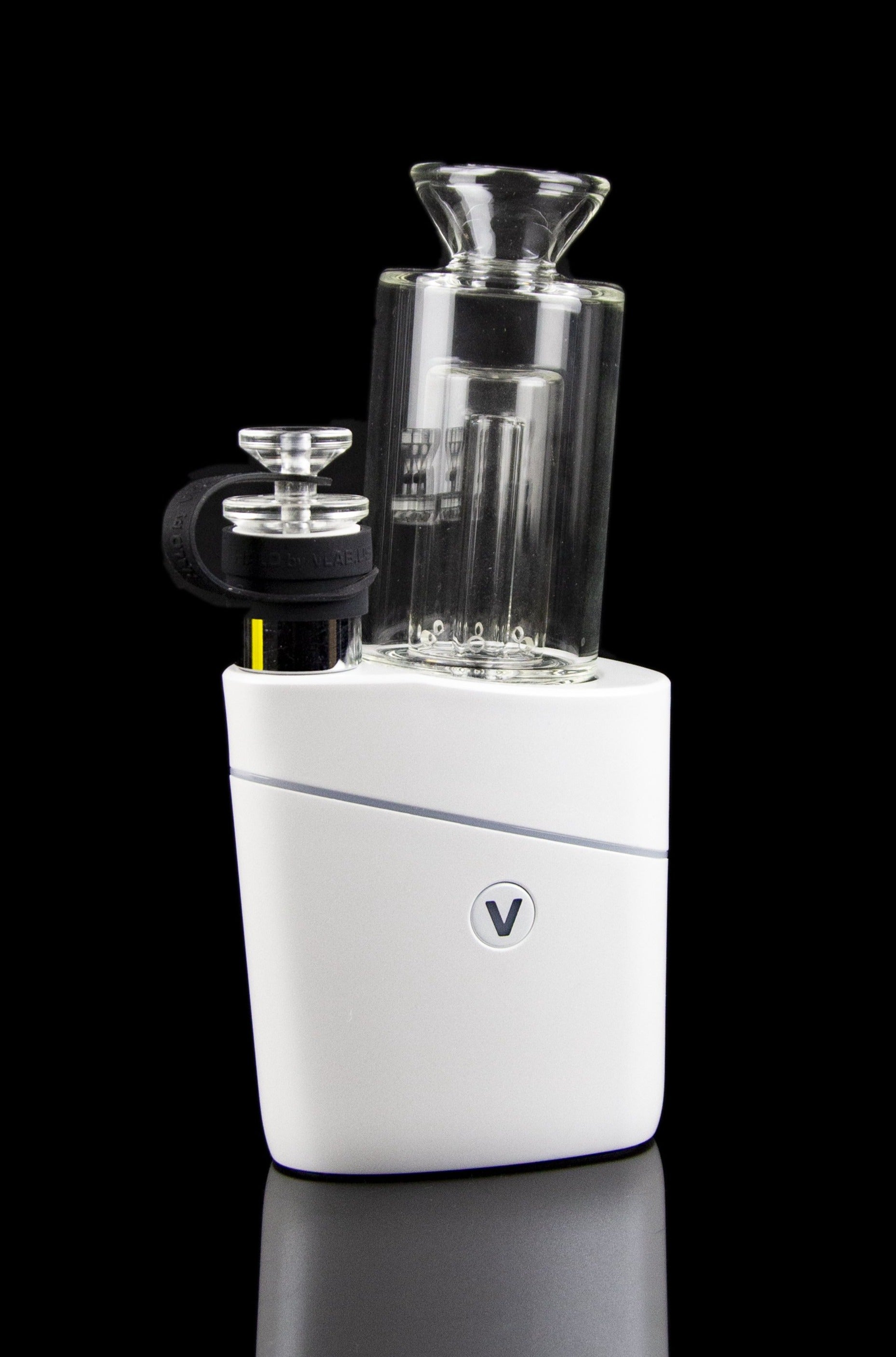 Close-up front view of the Glacier White VLAB Halo V2 Smart E-Rig showing its clear glass bubbler and silicone-sealed mouthpiece against a black background